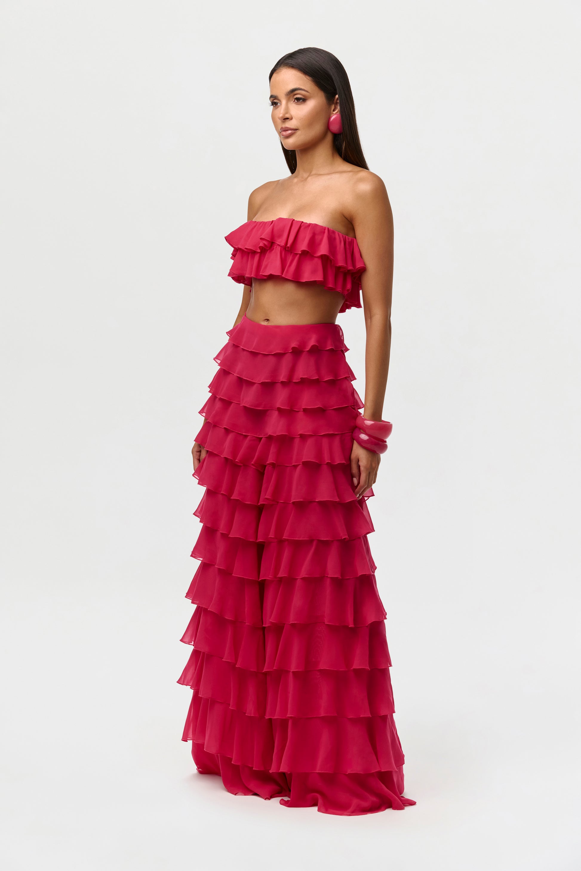 Women's Chiffon Ruffle Bandeau Top by Naked Wardrobe, Hibiscus / XS