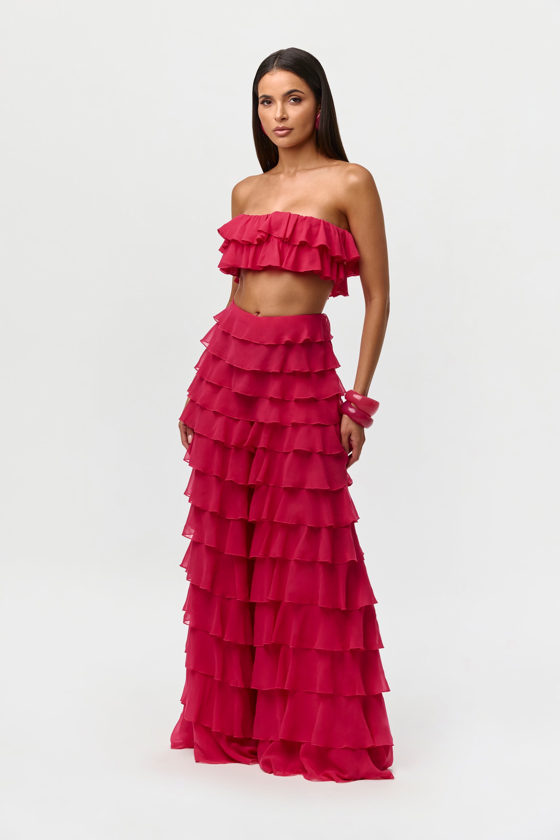 Women's Chiffon Ruffle Wide Leg Pants by Naked Wardrobe, Hibiscus / XS