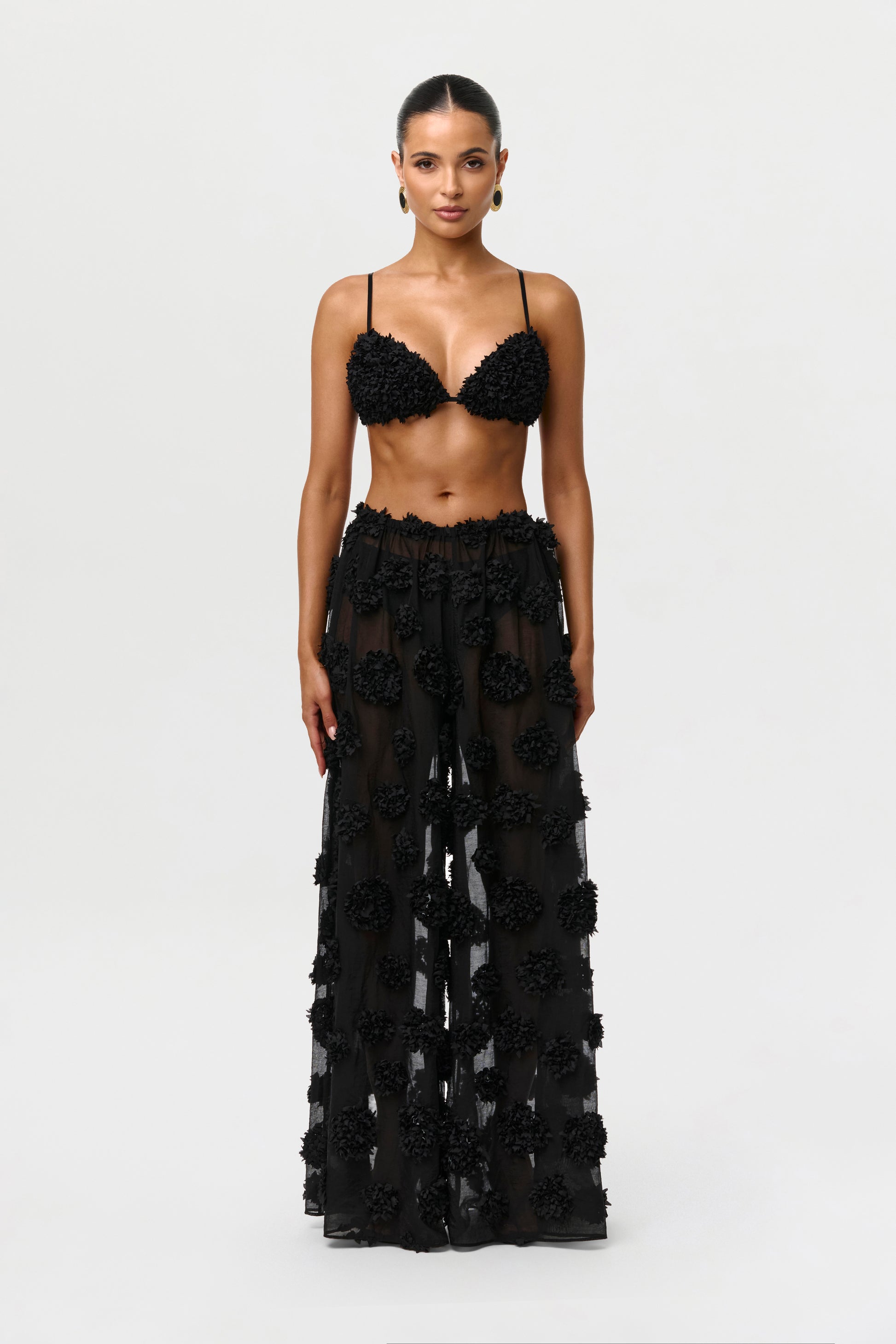 Black Floral Appliqué Wideleg Pants Petite