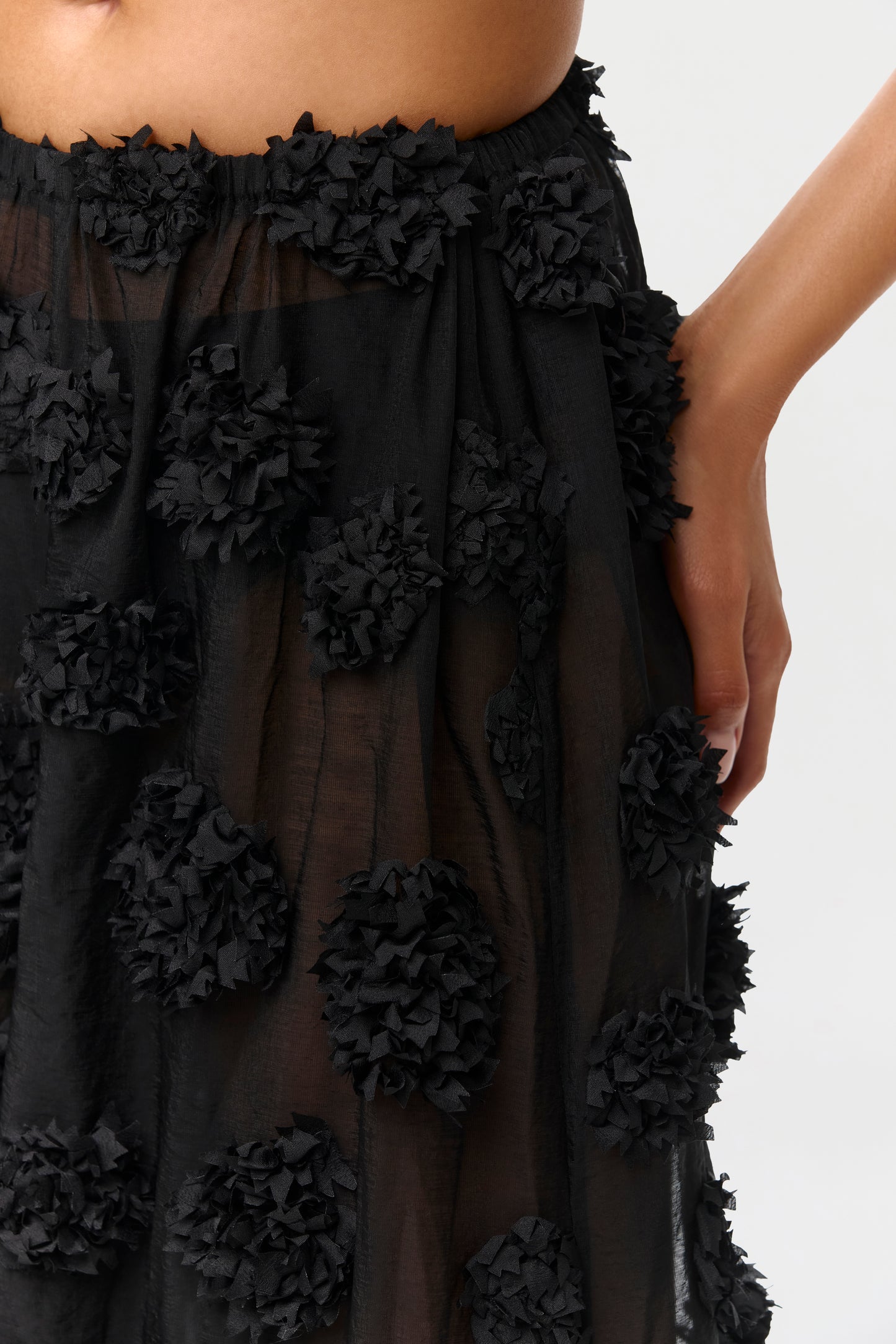 Black Floral Appliqué Wide Leg Pants