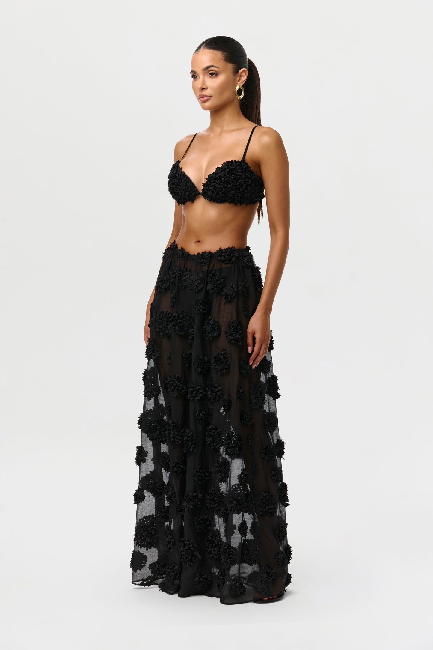 Black Floral Appliqué Wideleg Pants Petite