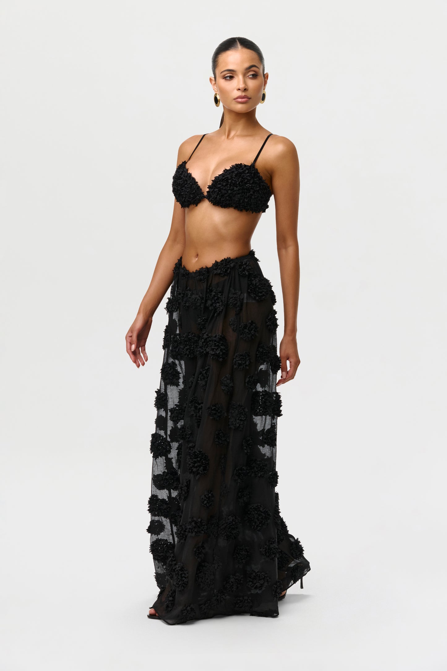 Black Floral Appliqué Wide Leg Pants
