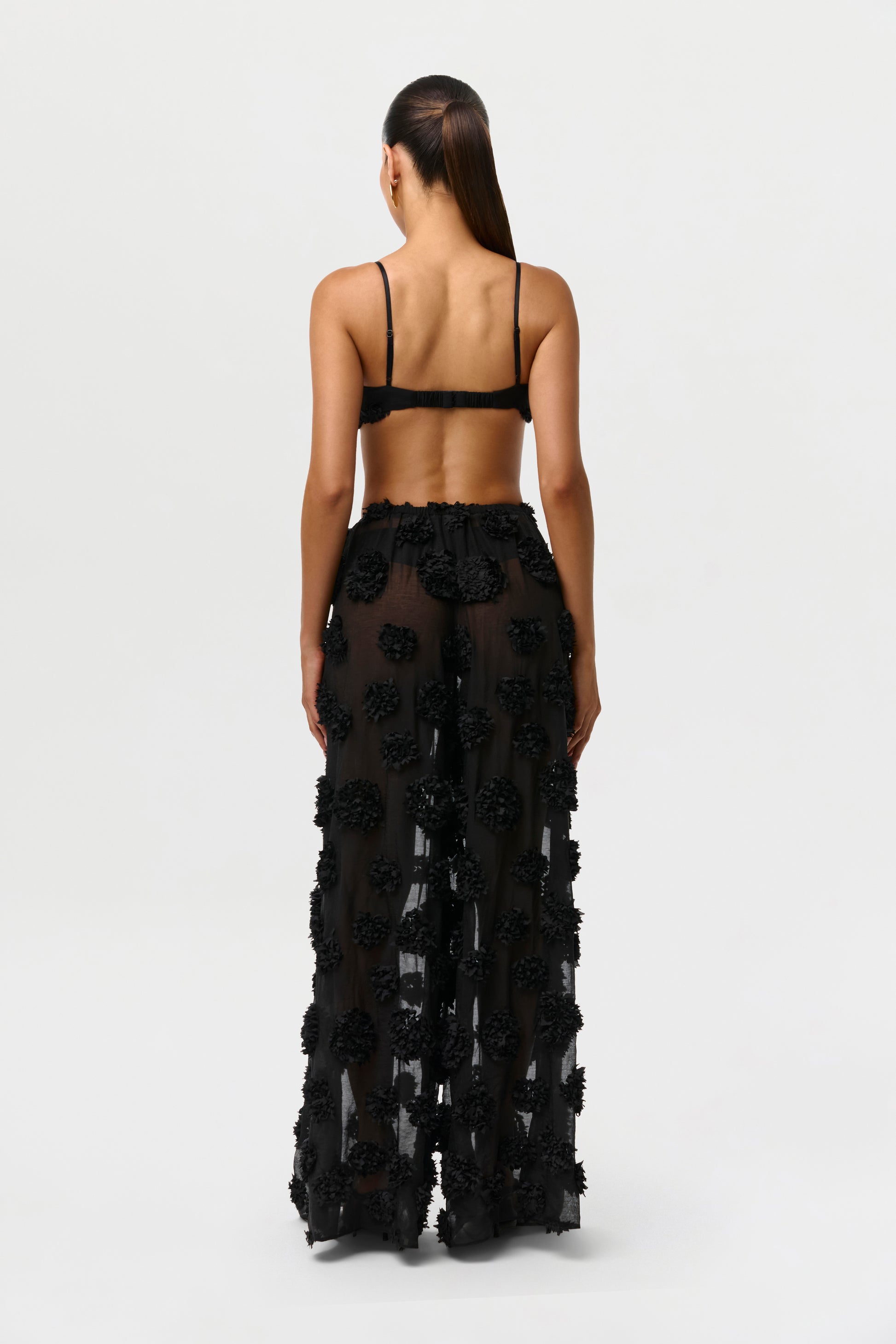 Black Floral Appliqué Wideleg Pants Petite