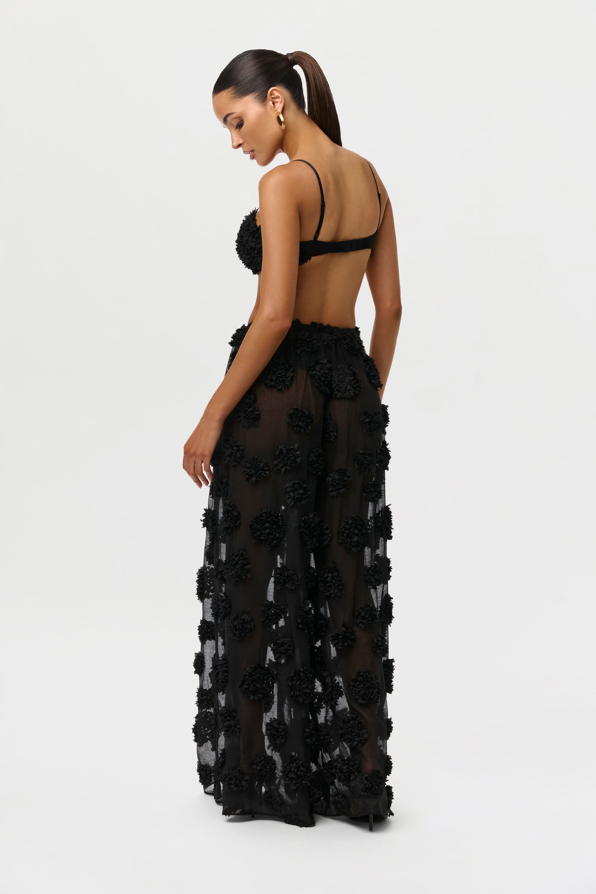 Black Floral Appliqué Wideleg Pants Petite