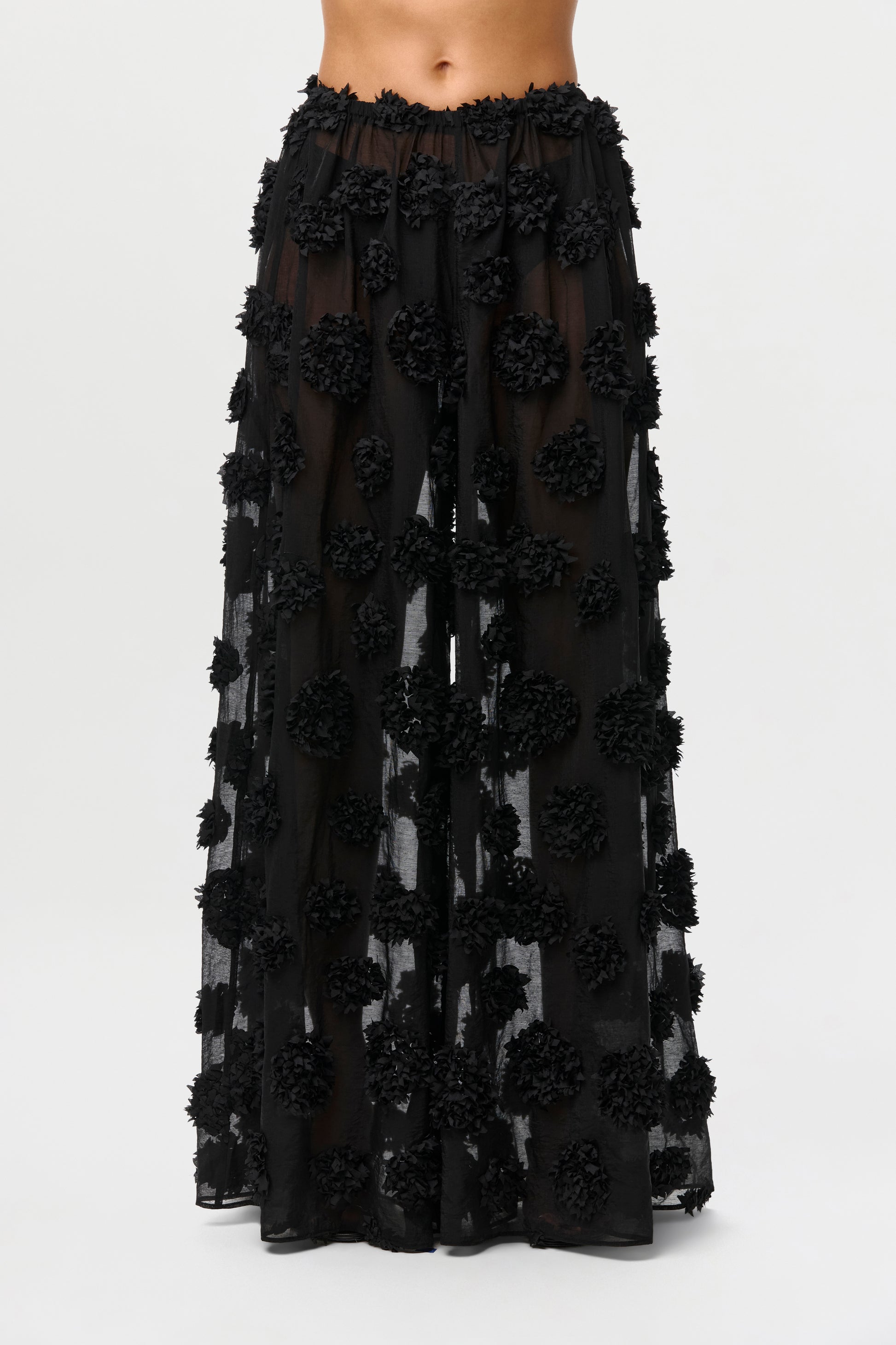 Black Floral Appliqué Wide Leg Pants