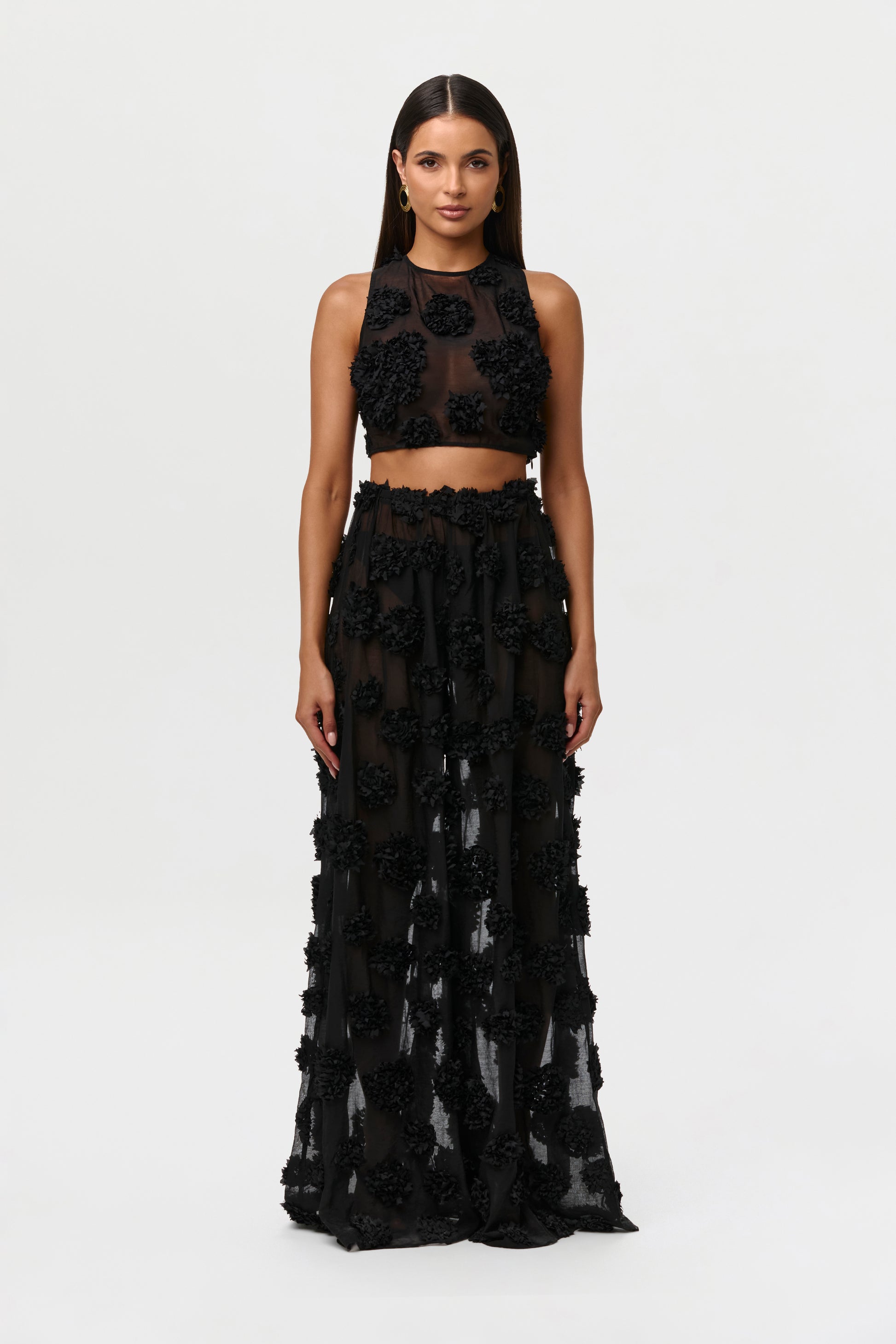 Black Floral Appliqué Lace Crop Top