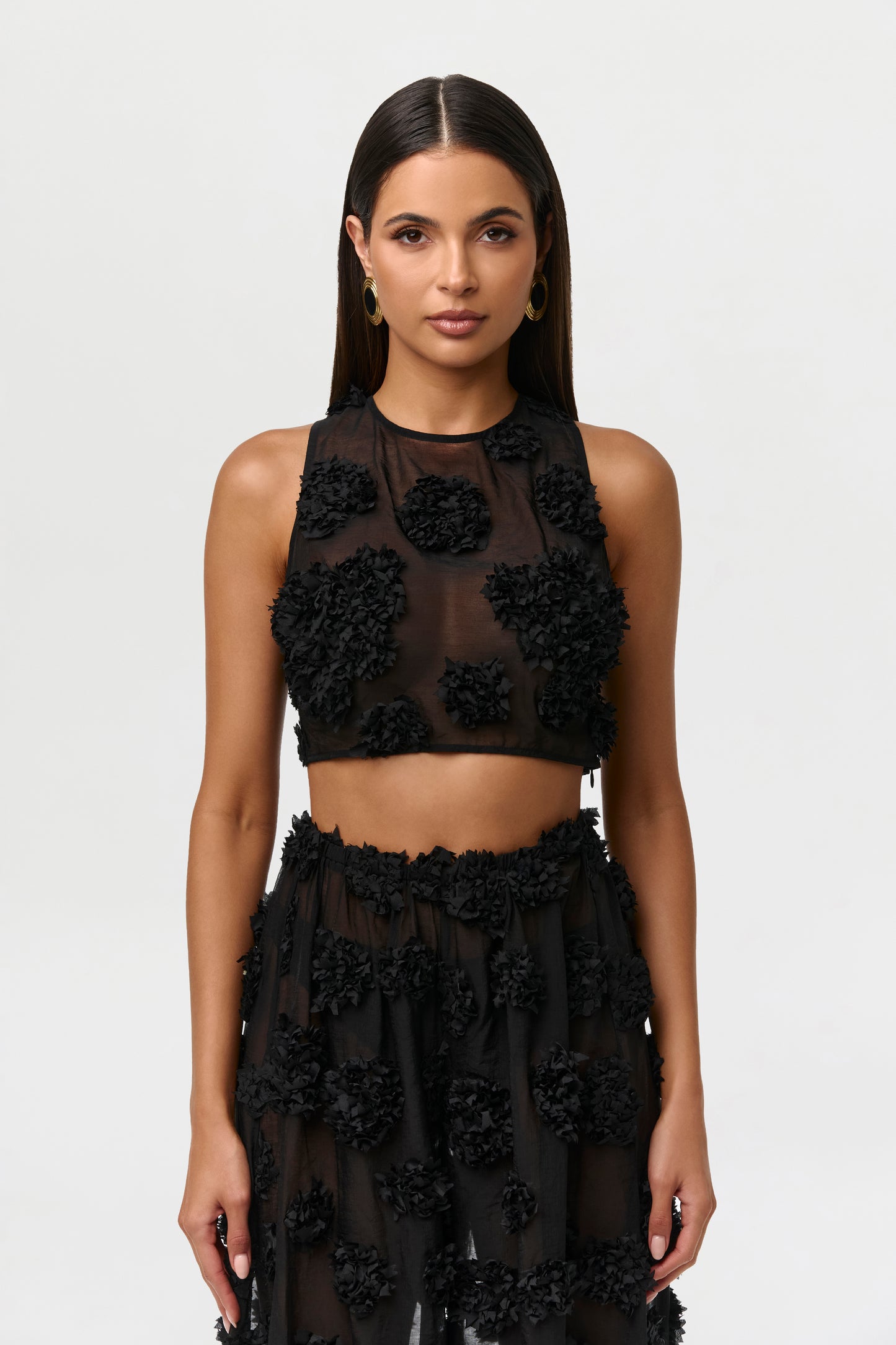 Black Floral Appliqué Lace Crop Top
