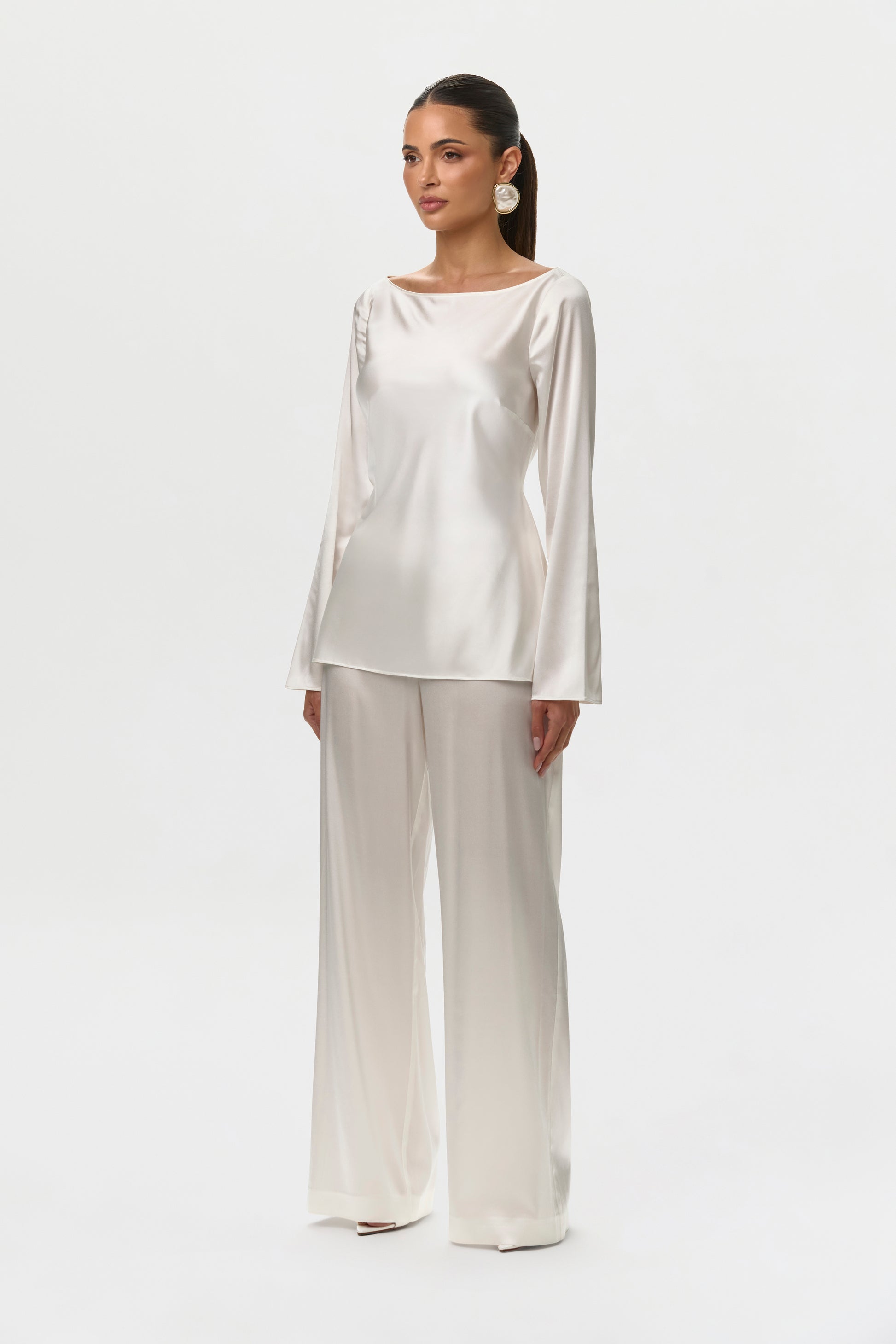 Off White Silk Wide Leg Pants Petite