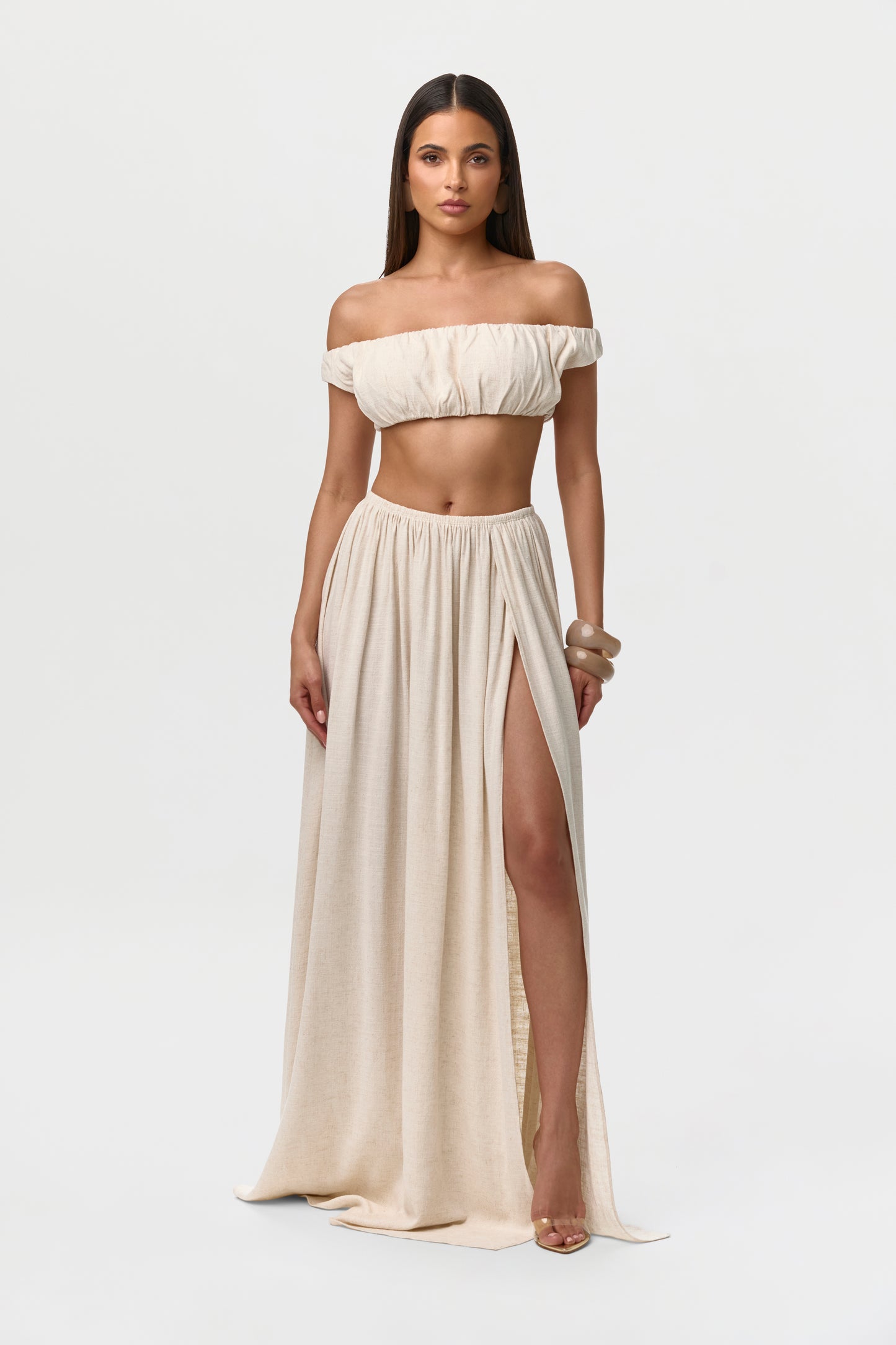 Cream Linen Pleated Maxi Skirt