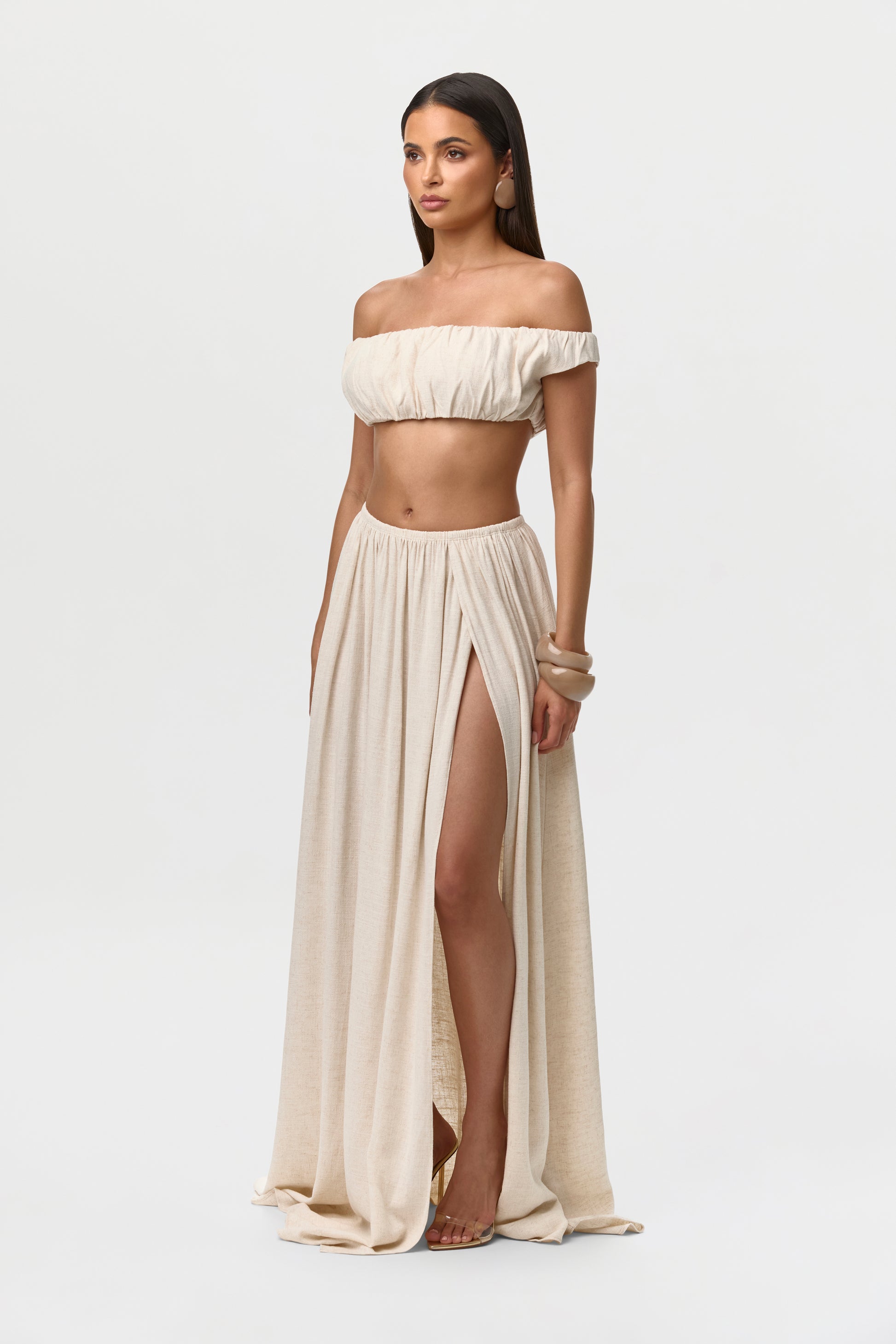 Cream Linen Pleated Maxi Skirt