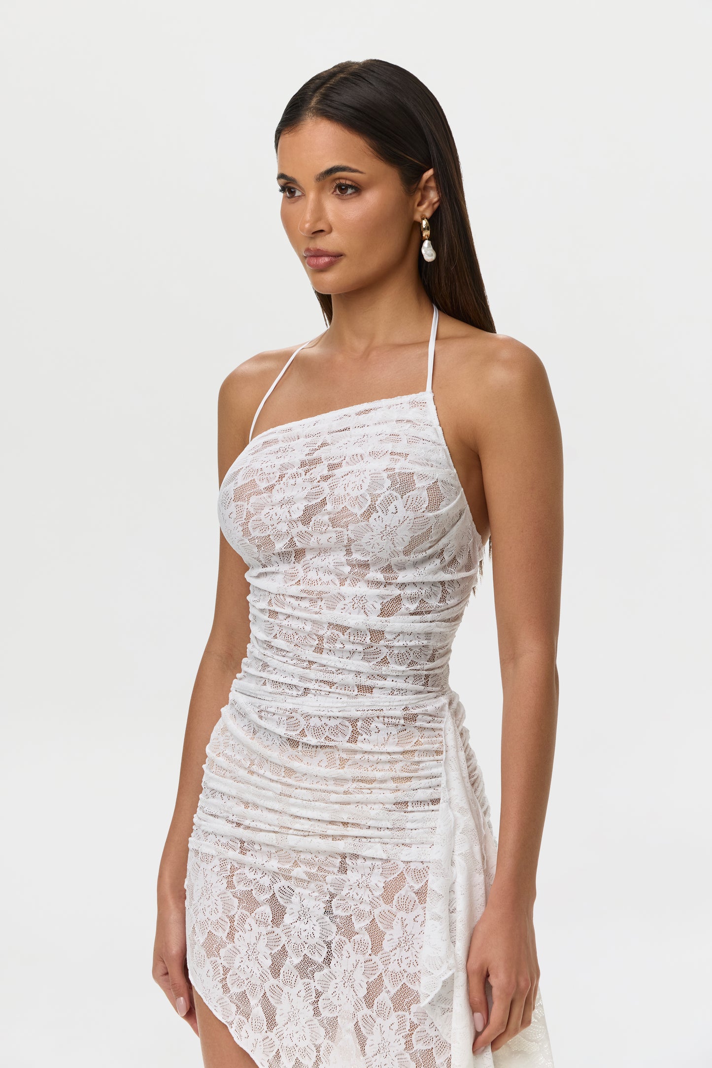 White Stretch Lace Asymmetric Halter Top