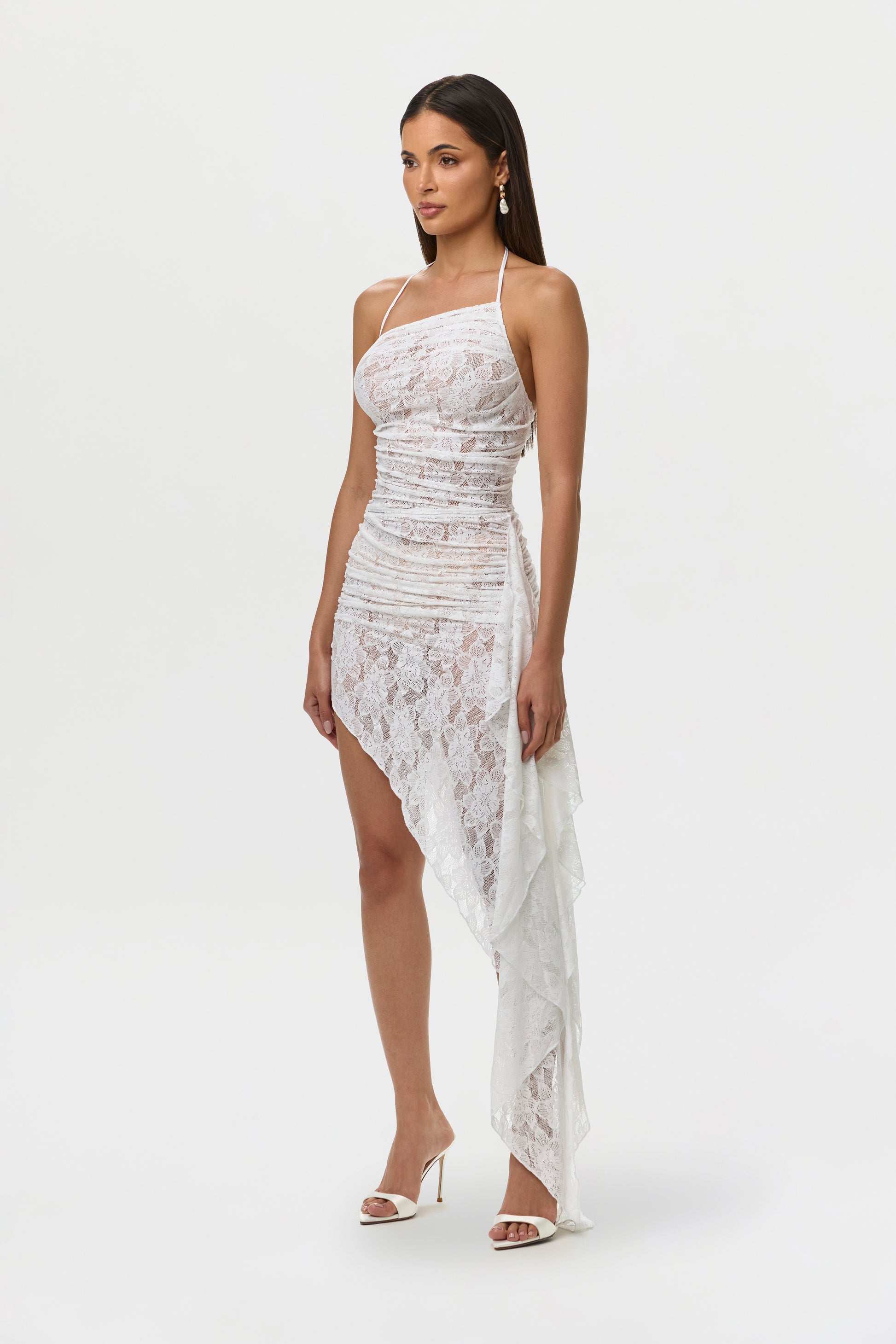 White Stretch Lace Asymmetric Halter Top