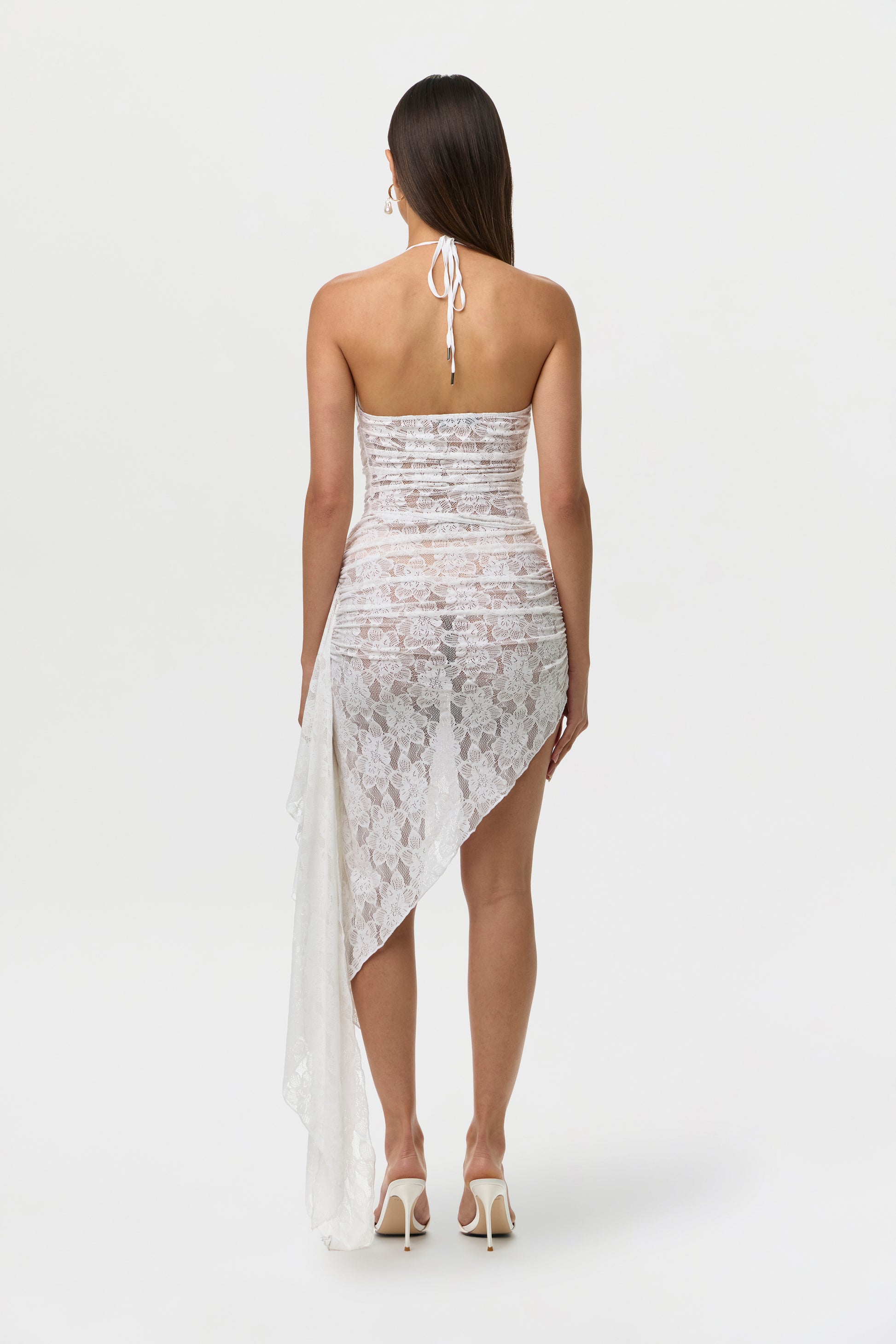 White Stretch Lace Asymmetric Skirt