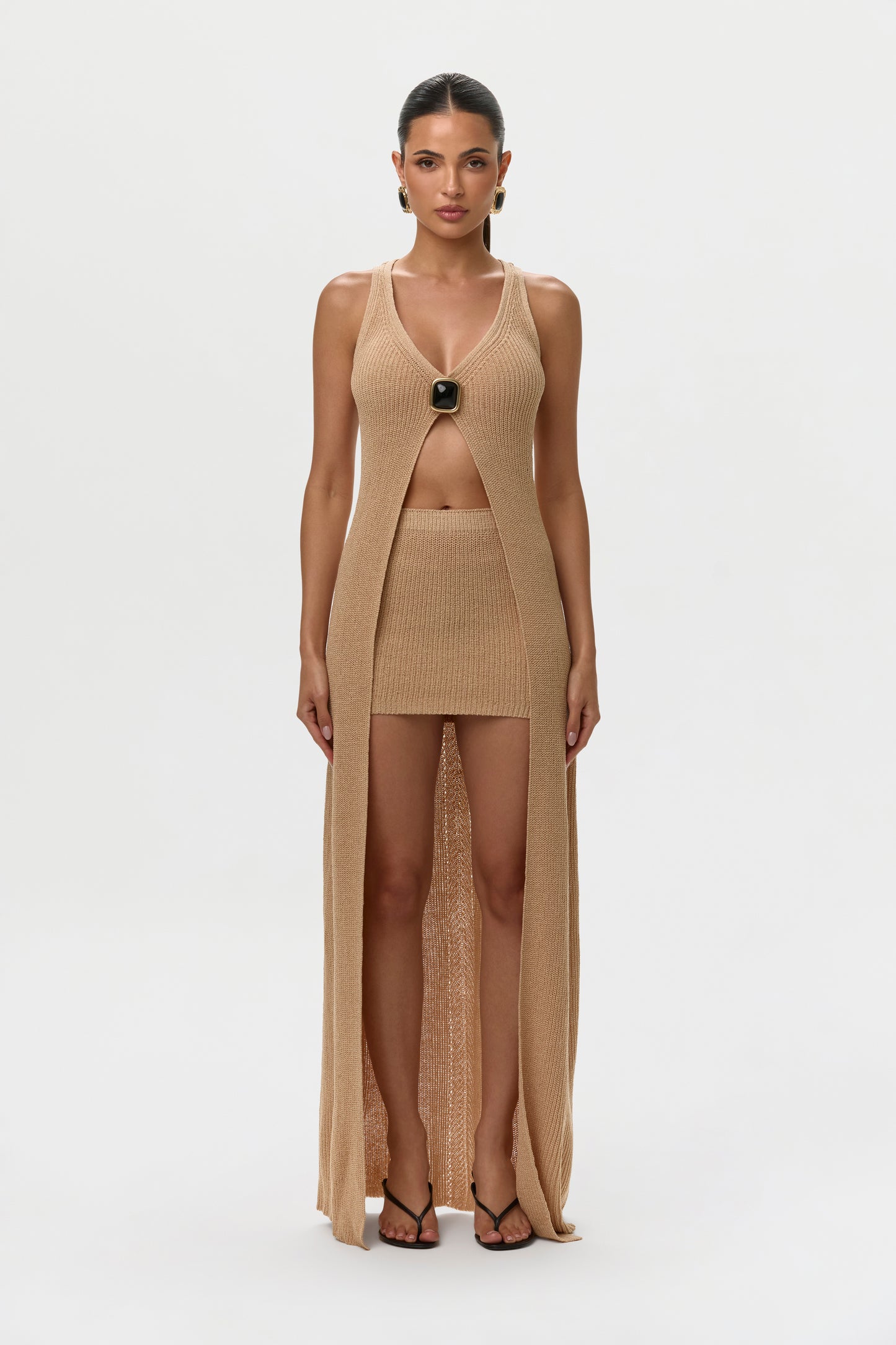 Beach Beige Knit V-Neck Maxi Top