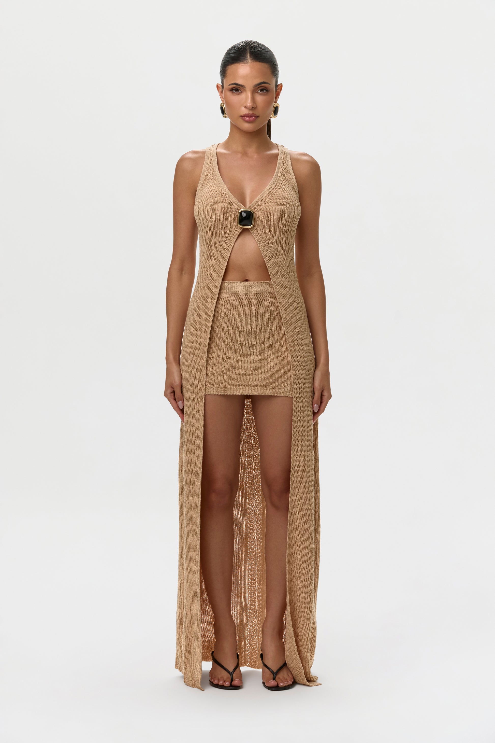 Beach Beige Knit V-Neck Maxi Top