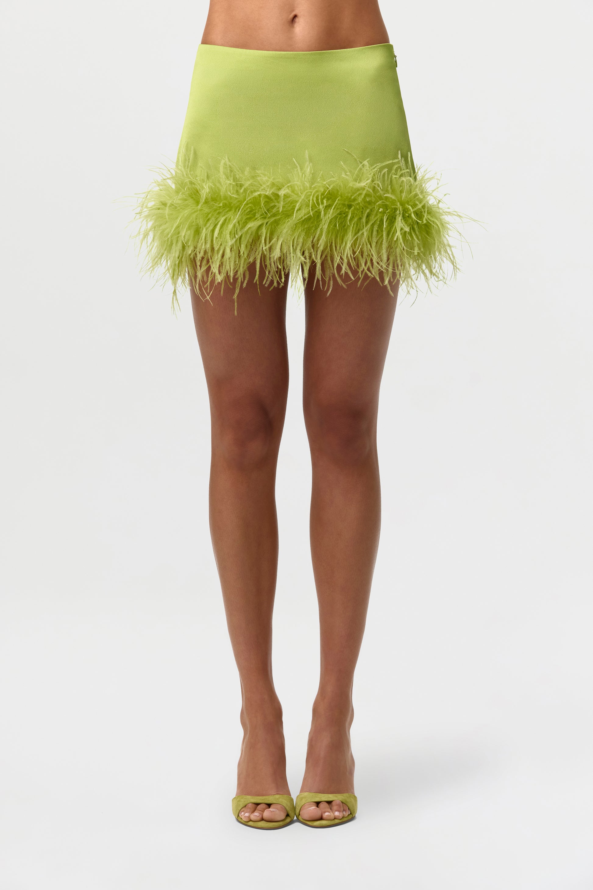 Citron Satin Feather Mini Skirt
