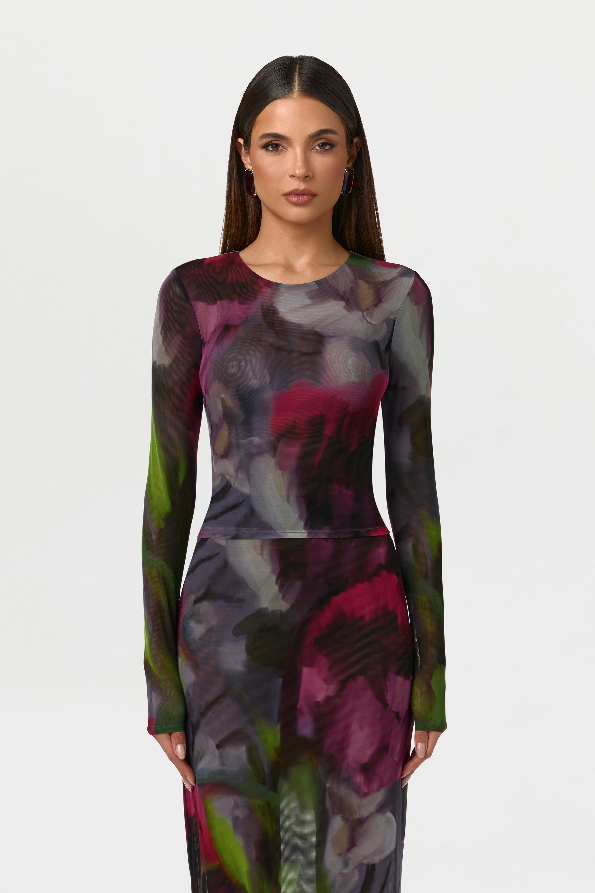Baroque Bloom Mesh Print Crew Top