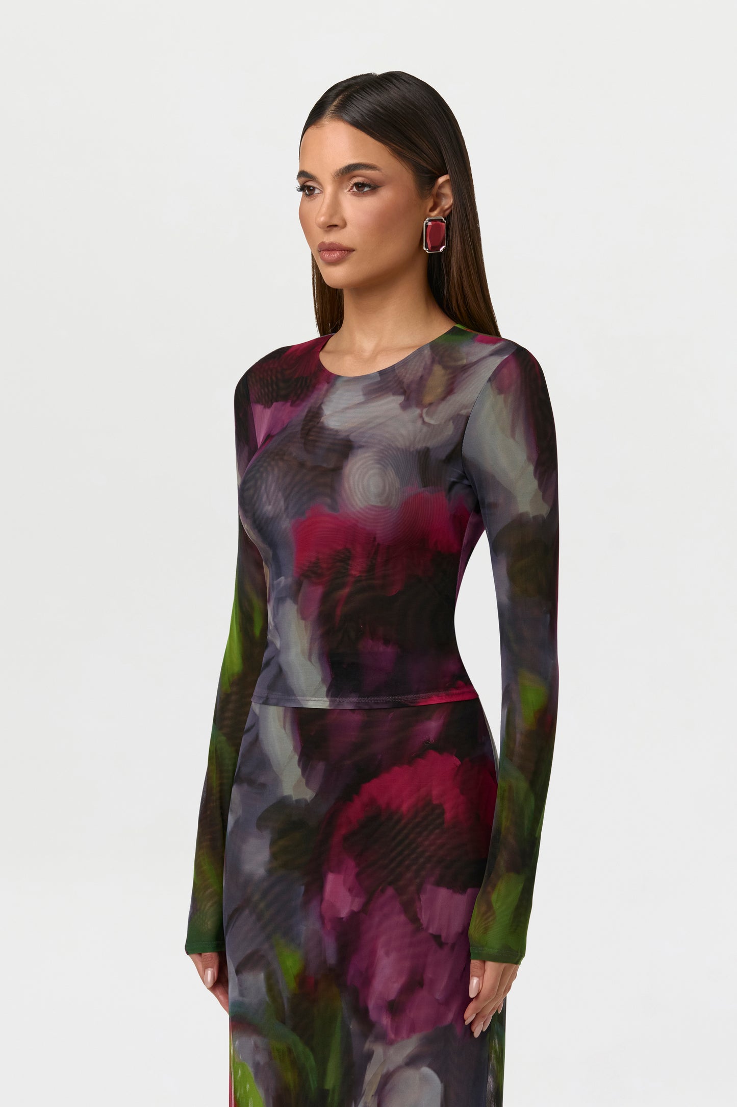 Baroque Bloom Mesh Print Crew Top
