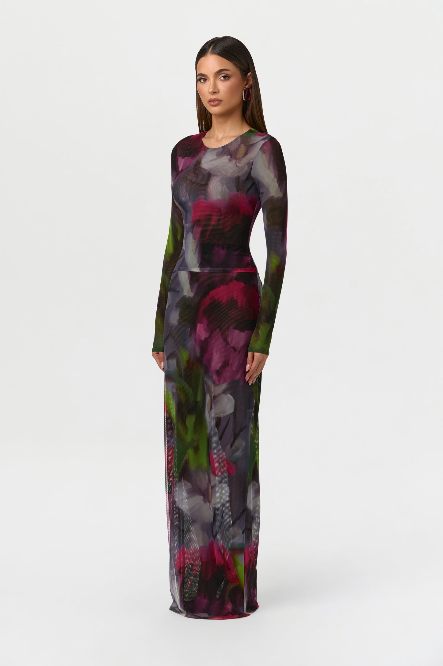 Baroque Bloom Mesh Print Maxi Skirt