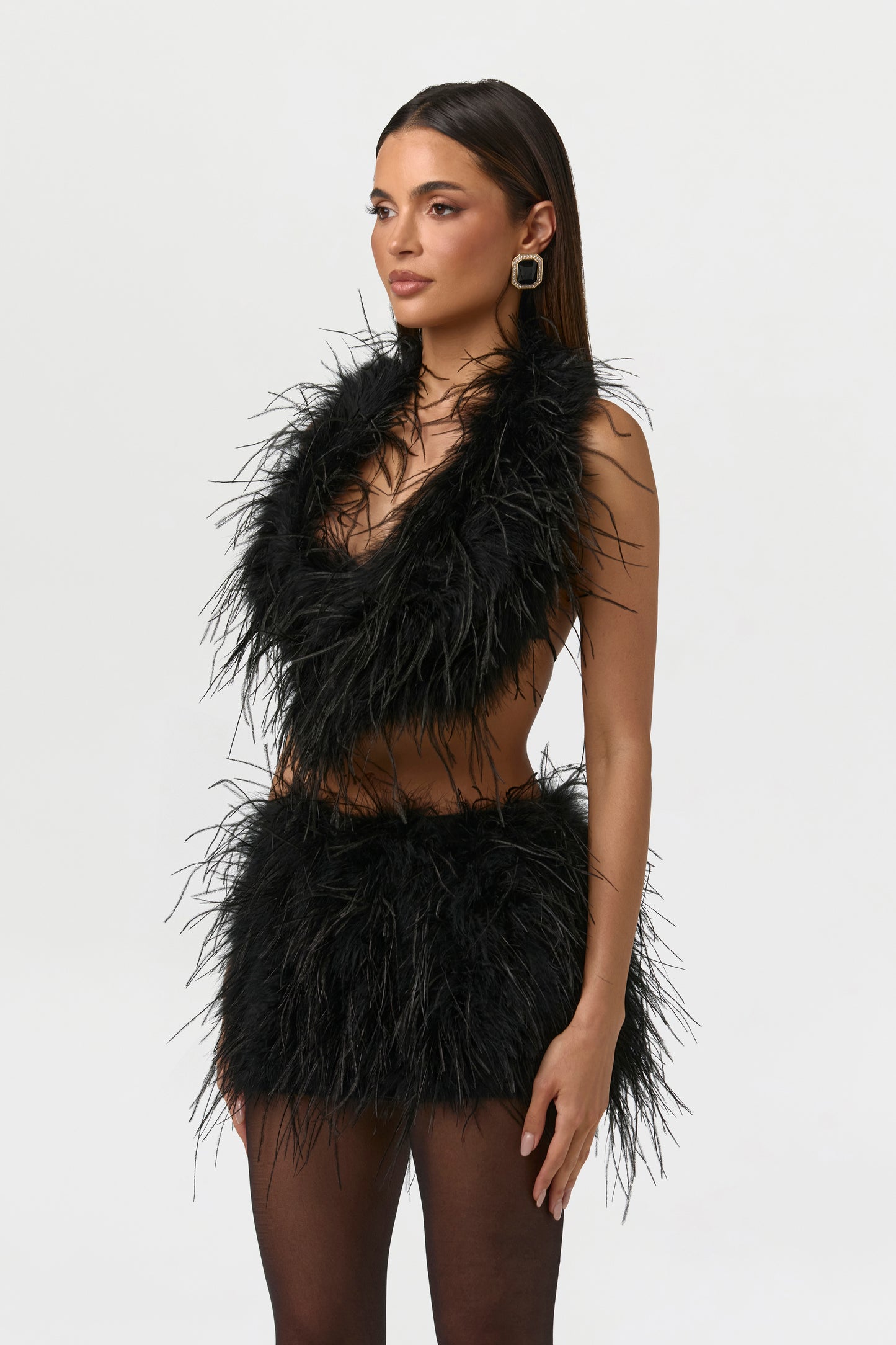 Black Feather Plush Mini Skirt