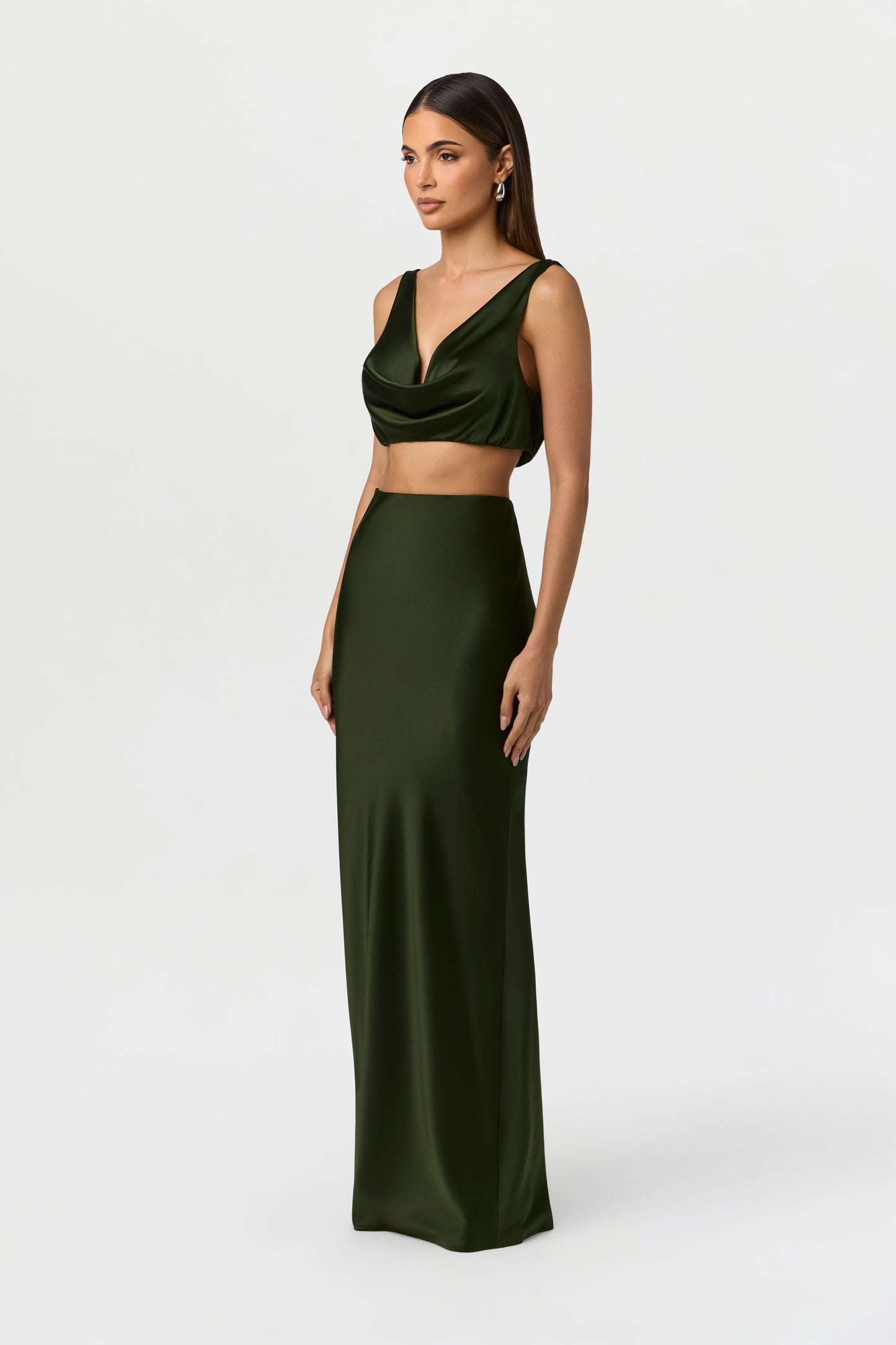 Noir Green Silk High Waist Maxi Skirt
