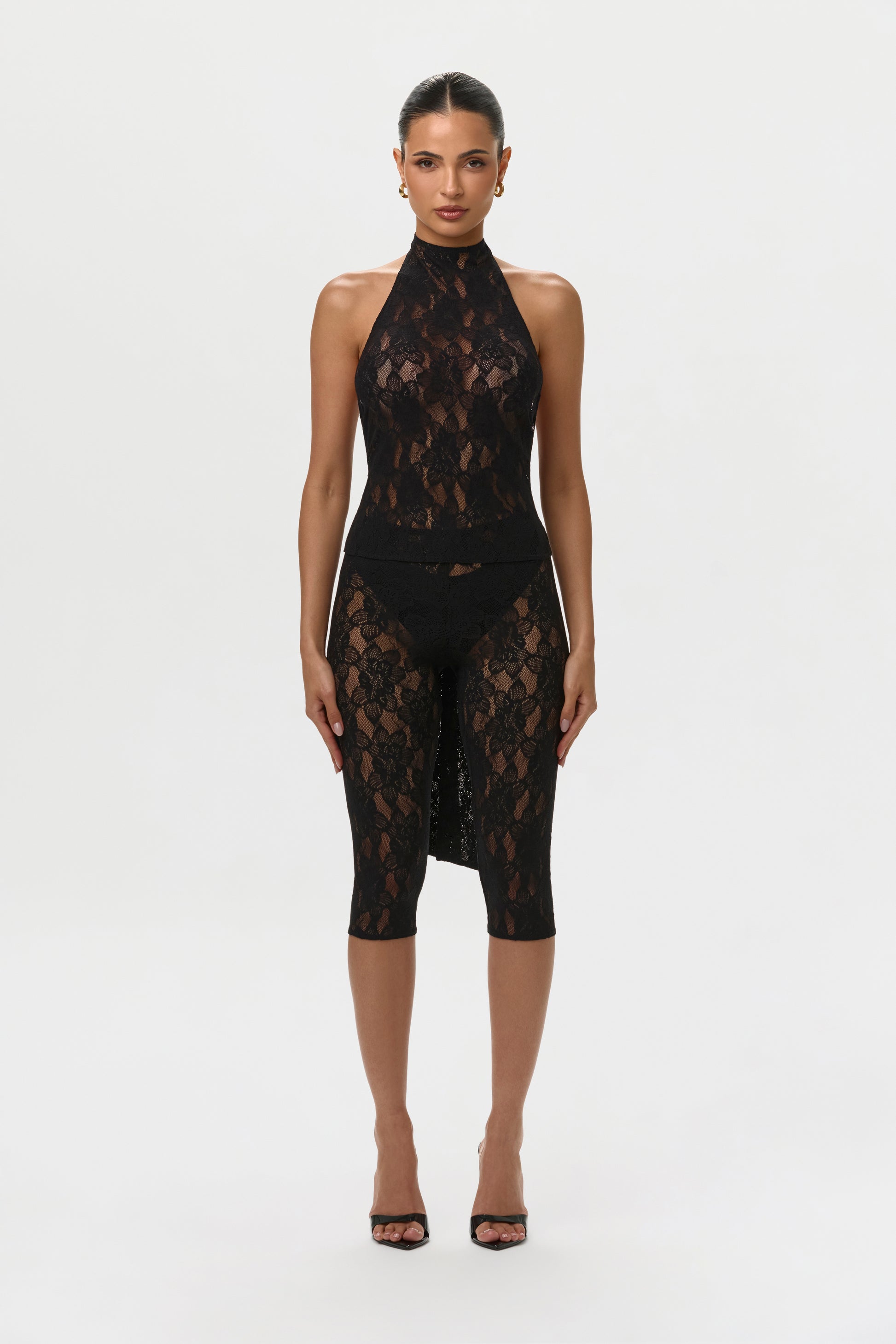 Black Stretch Lace Halter Top