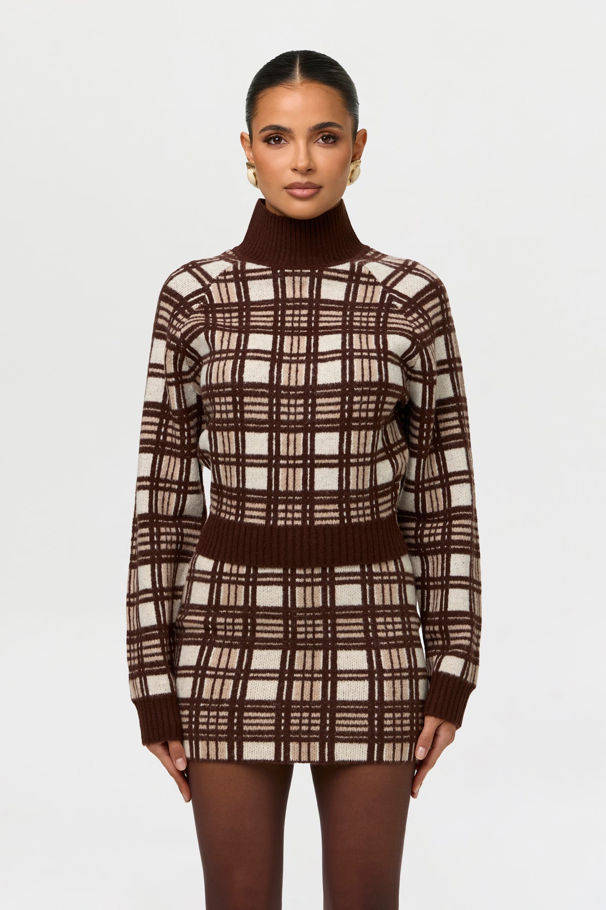 Knit Turtleneck Plaid Sweater