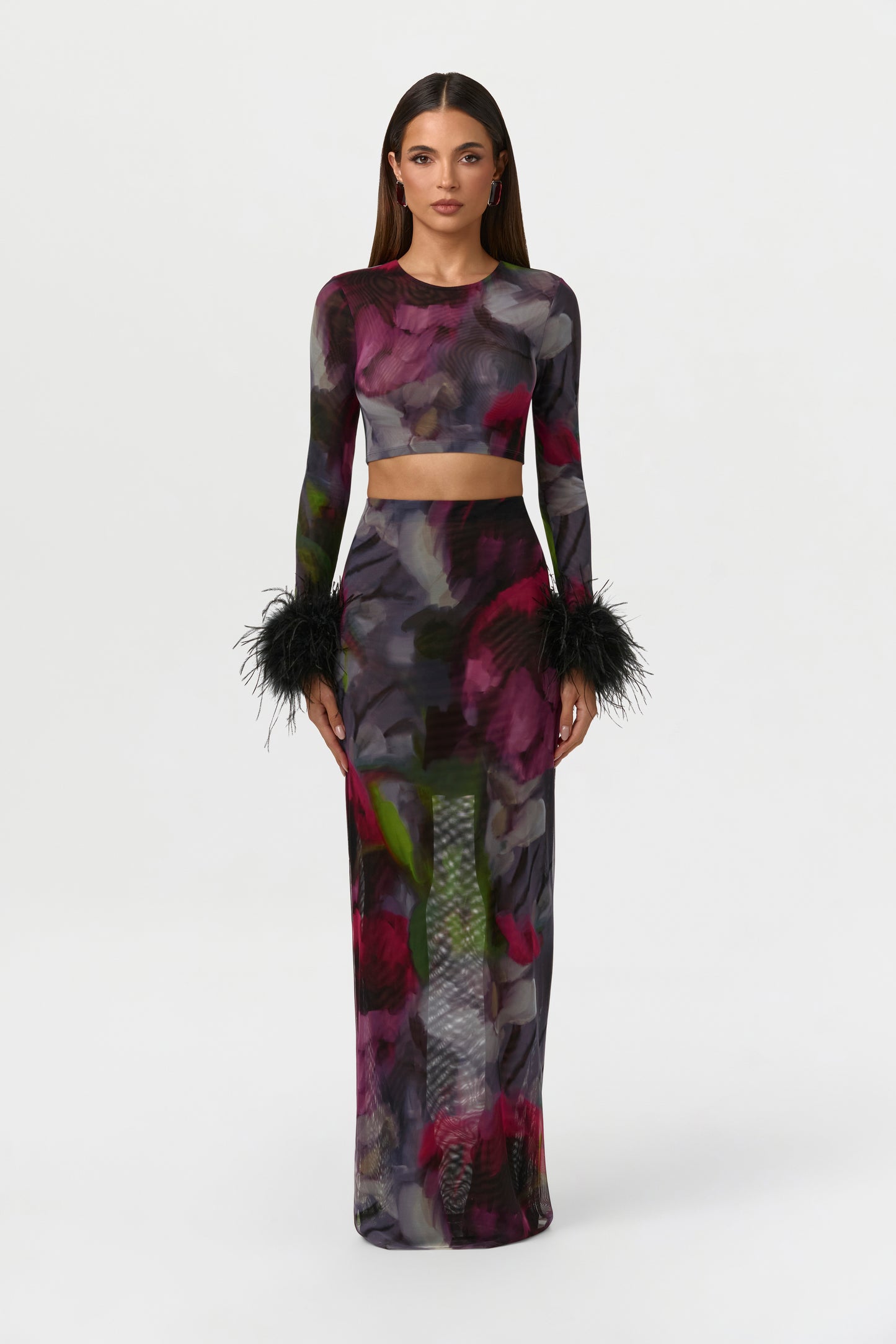 Baroque Bloom Mesh Print Feather Cuff Crop Top
