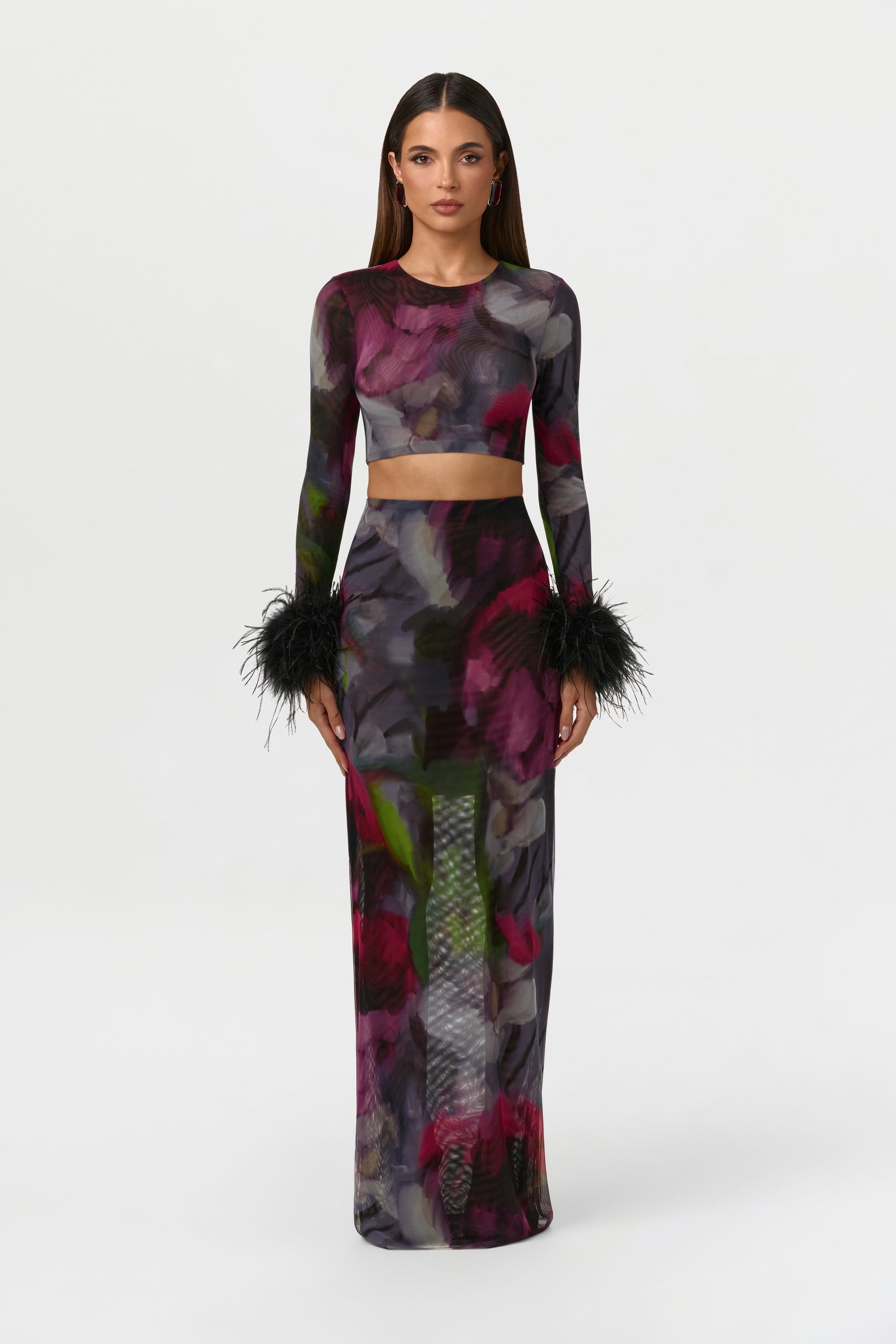 Baroque Bloom Mesh Print Feather Cuff Crop Top