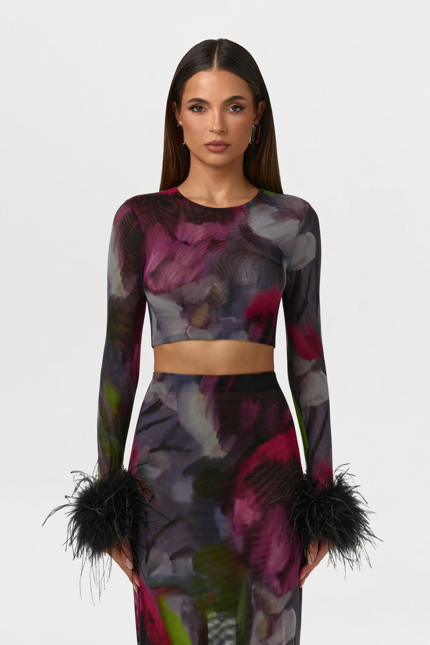 Baroque Bloom Mesh Print Feather Cuff Crop Top