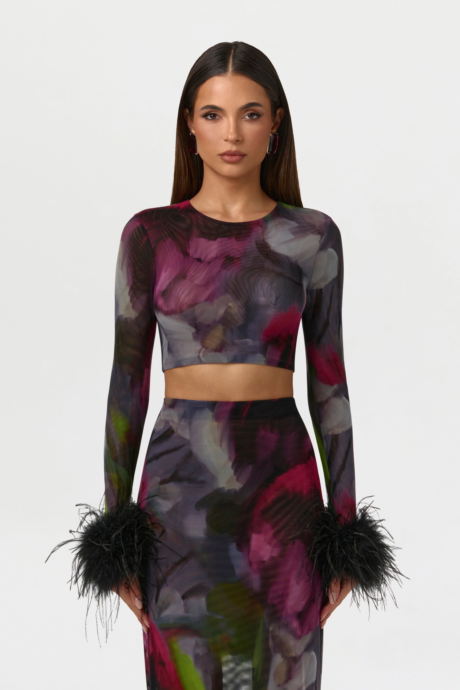 Baroque Bloom Mesh Print Feather Cuff Crop Top