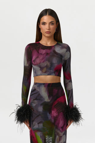 Mesh Print Feather Cuff Crop Top