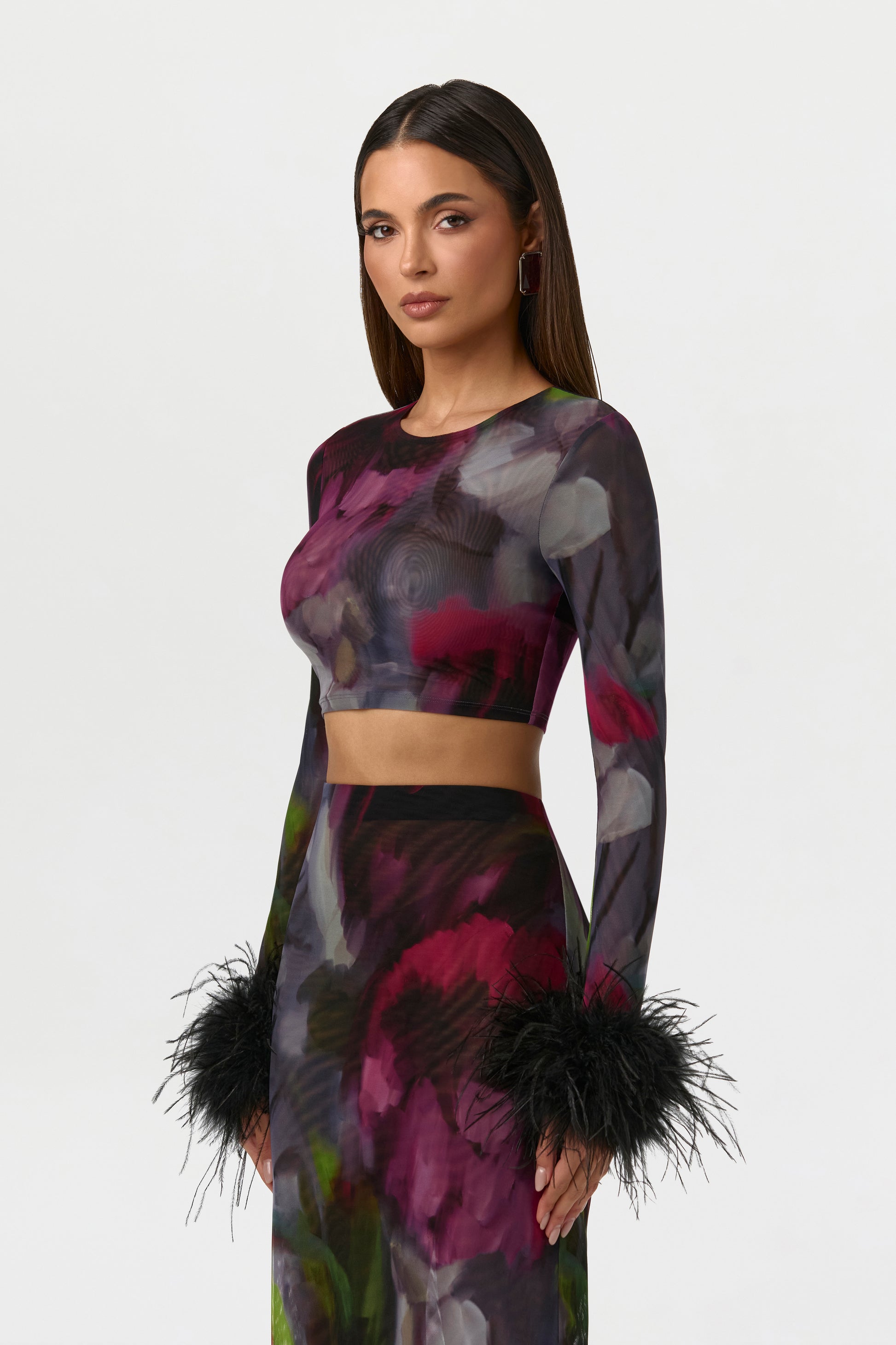 Baroque Bloom Mesh Print Feather Cuff Crop Top