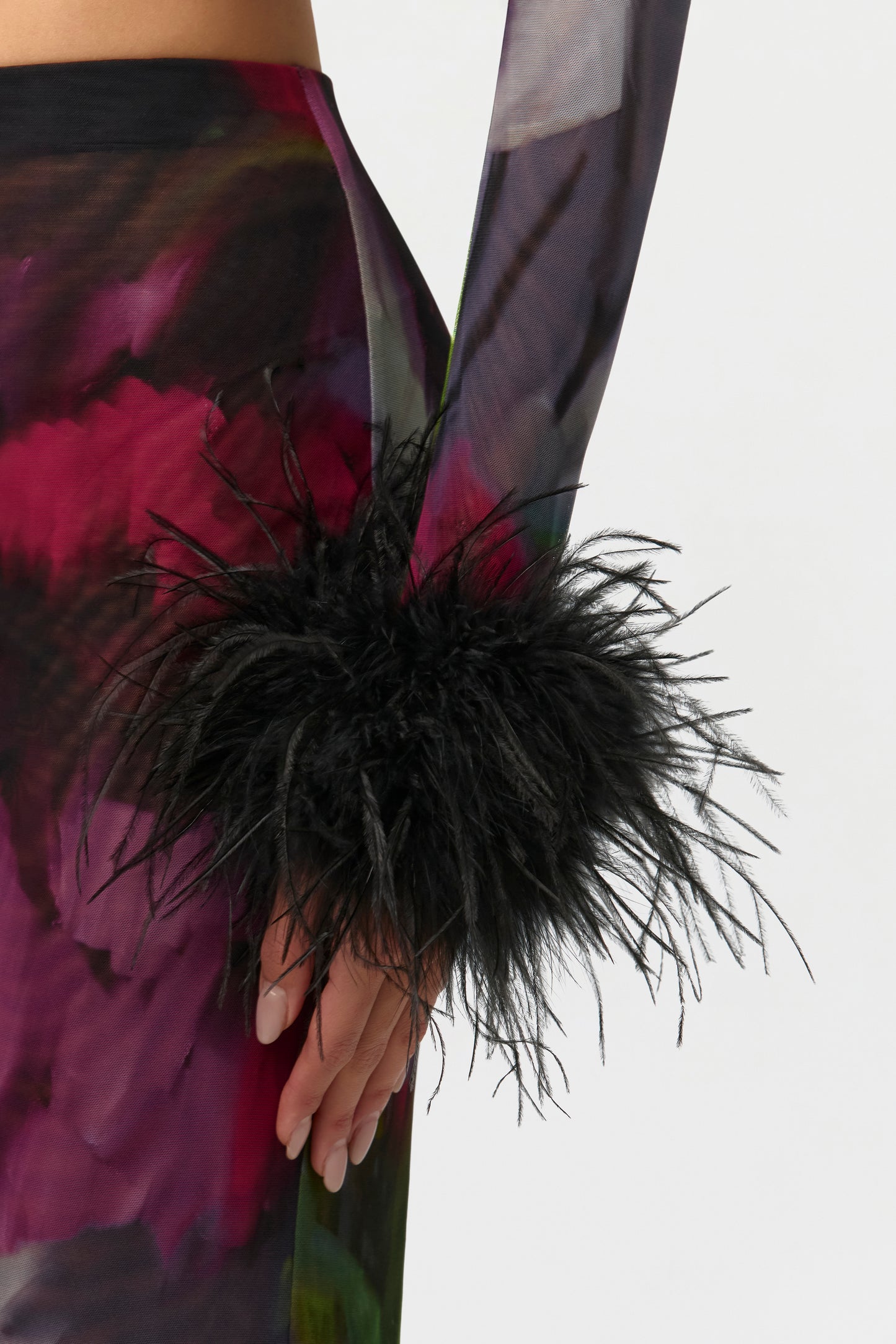 Baroque Bloom Mesh Print Feather Cuff Crop Top