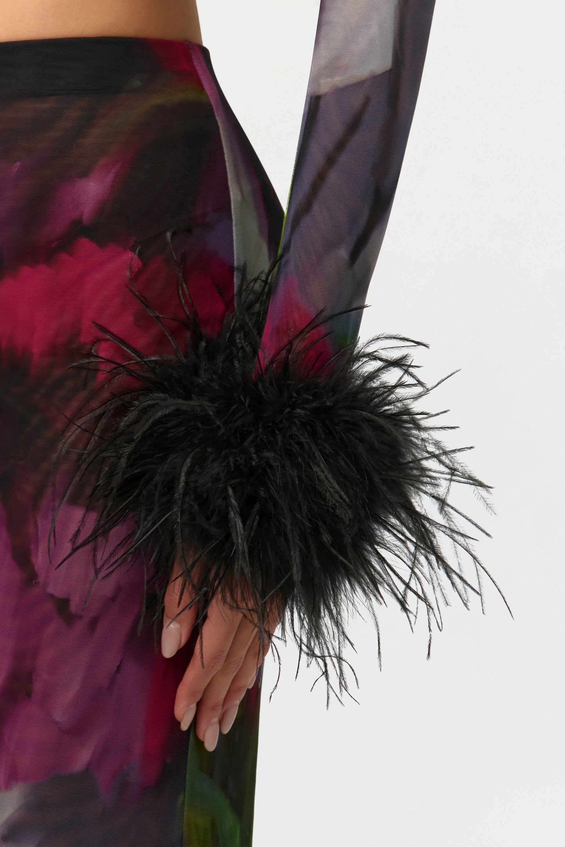 Baroque Bloom Mesh Print Feather Cuff Crop Top