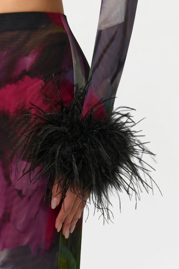 Mesh Print Feather Cuff Crop Top