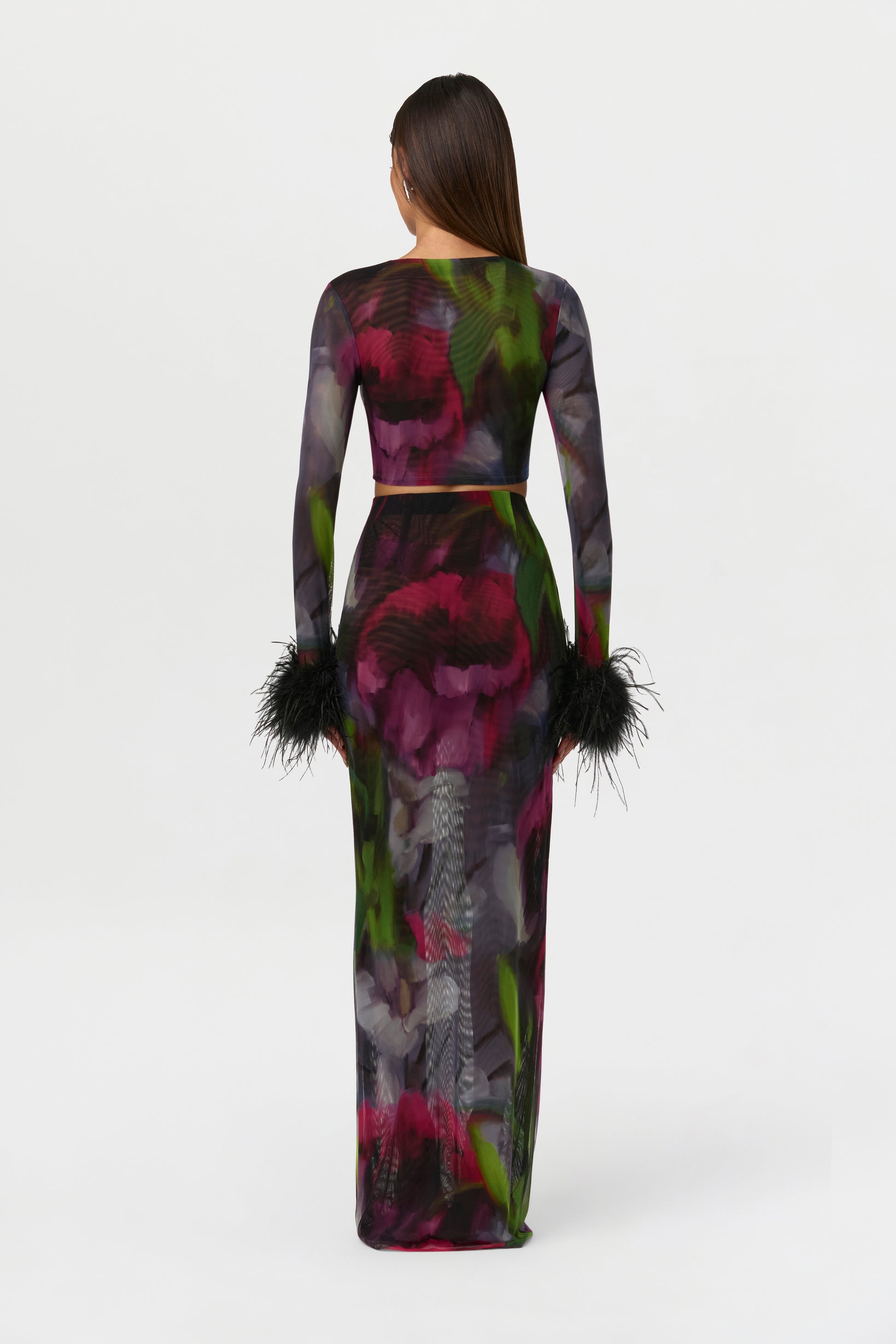 Baroque Bloom Mesh Print Feather Cuff Crop Top