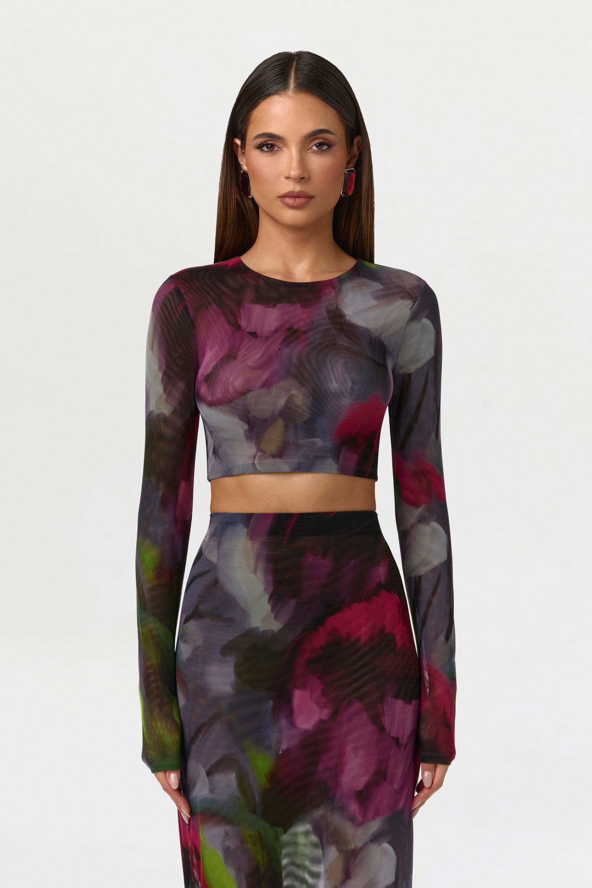 Baroque Bloom Mesh Print Feather Cuff Crop Top