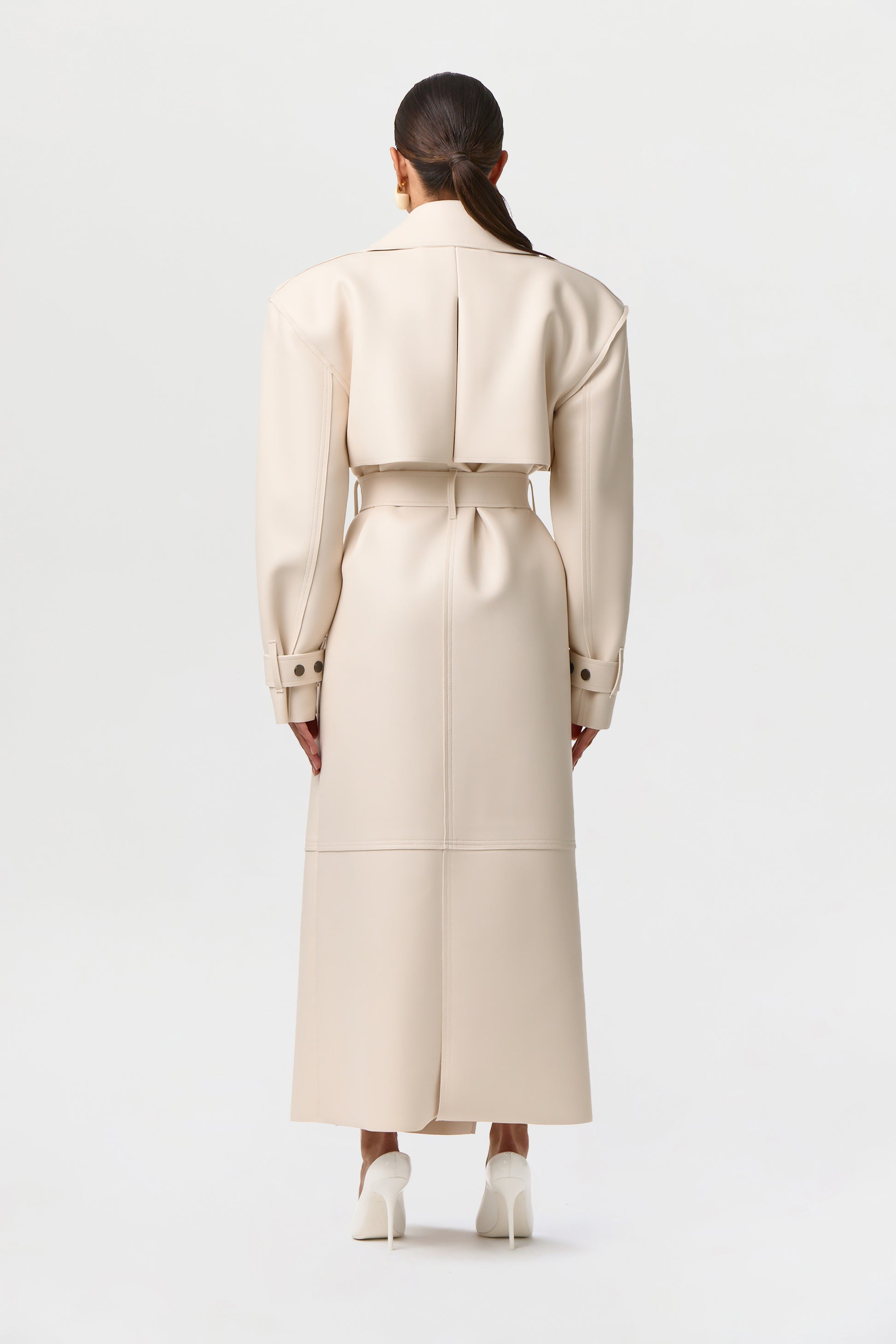 Women's Coat Trench Power Shoulders Vegan Leather by Naked Wardrobe, Bone / M Women's Coat Trench Power Shoulders Vegan Leather by Naked Wardrobe, Bone / M