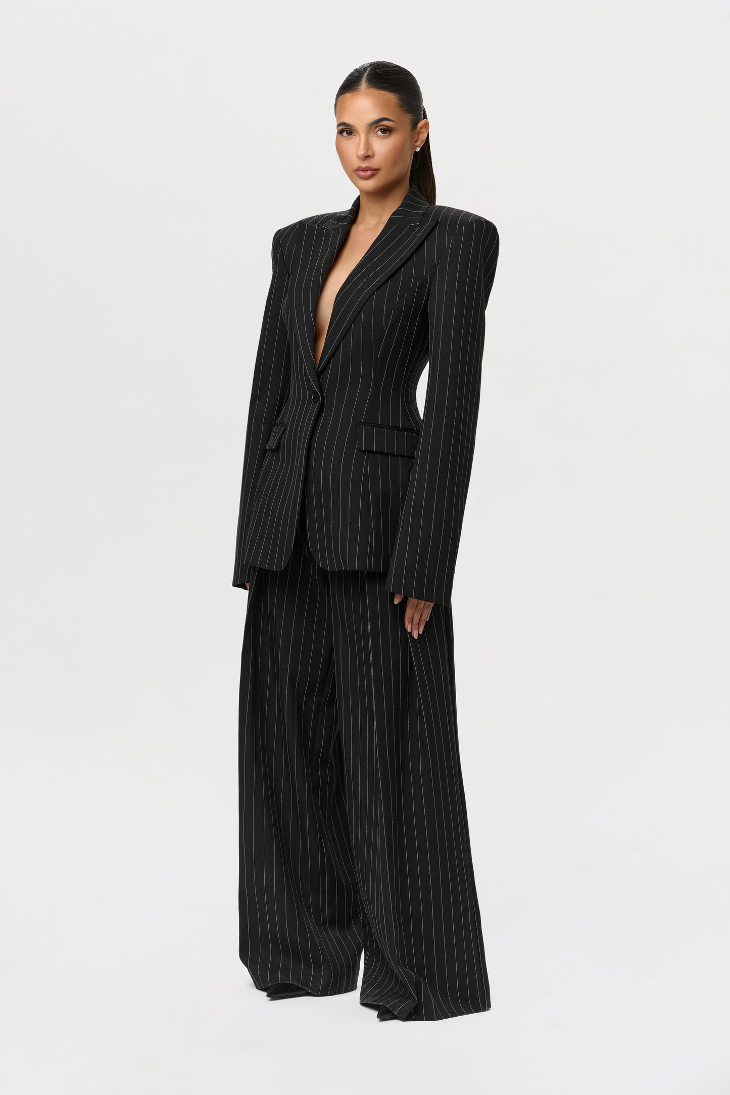 Pinstripe Suited Wide-Leg Pant