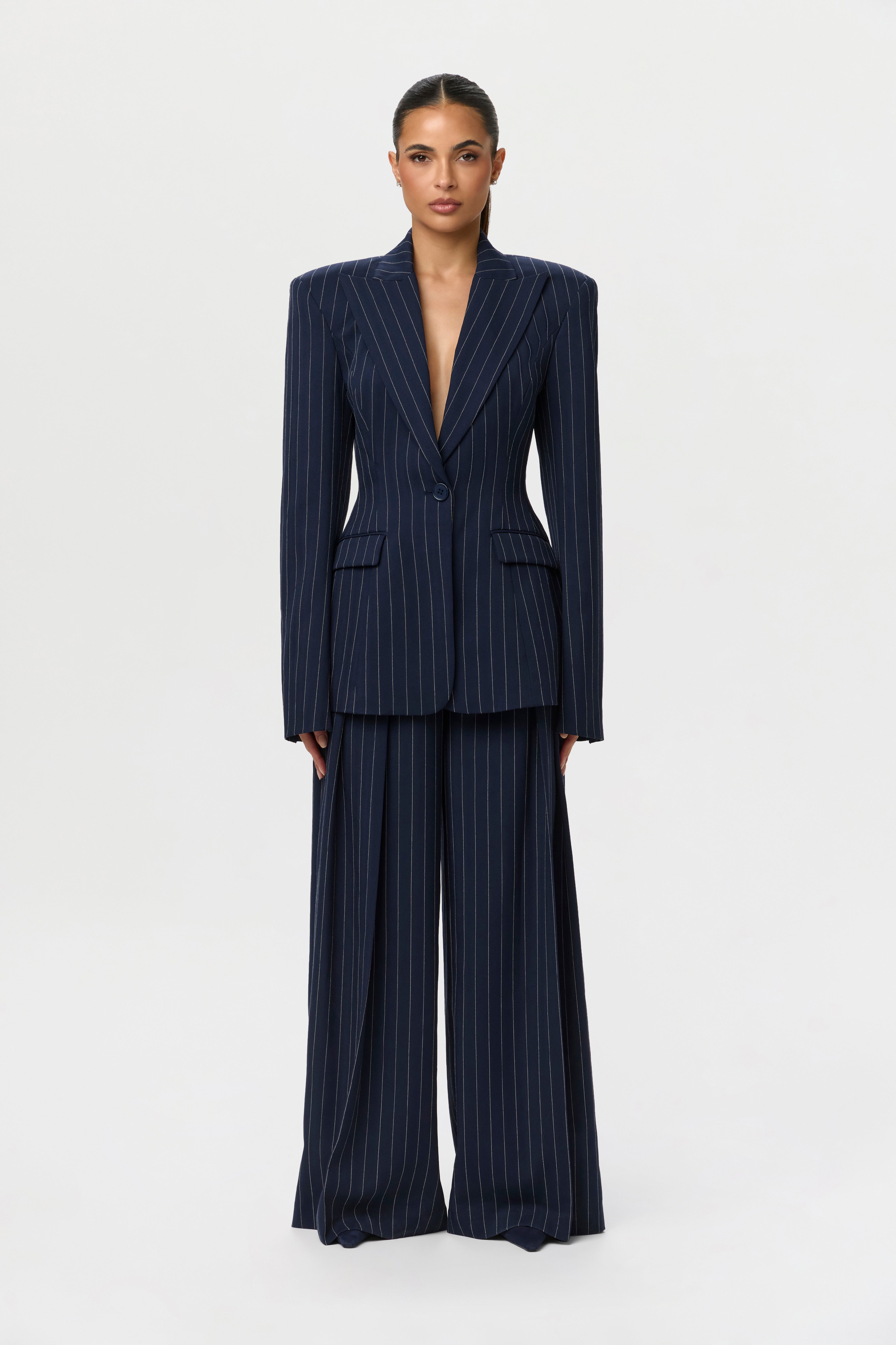 Pinstripe Suited Wide-Leg Pant