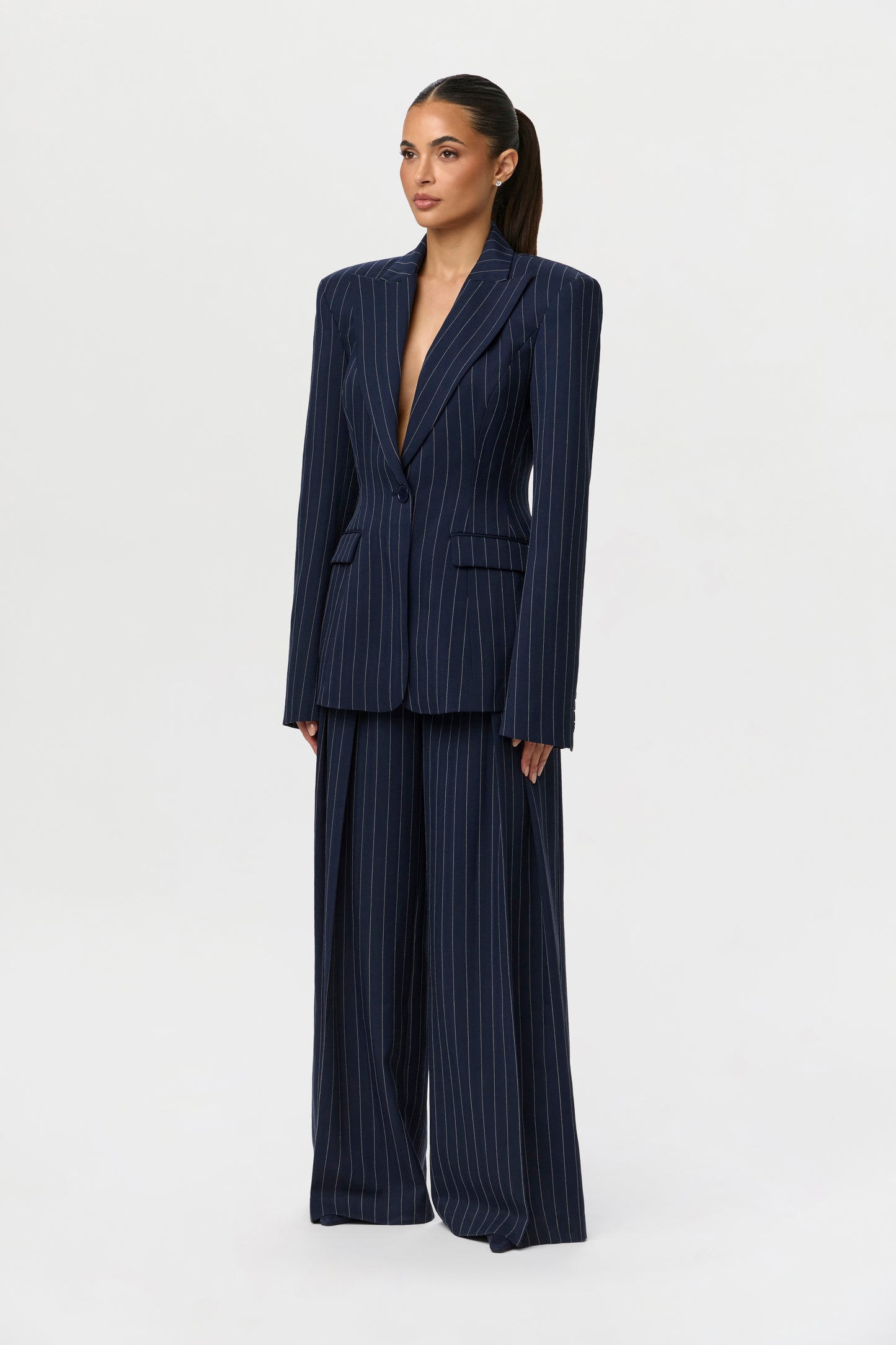 Pinstripe Suited Wide-Leg Pant