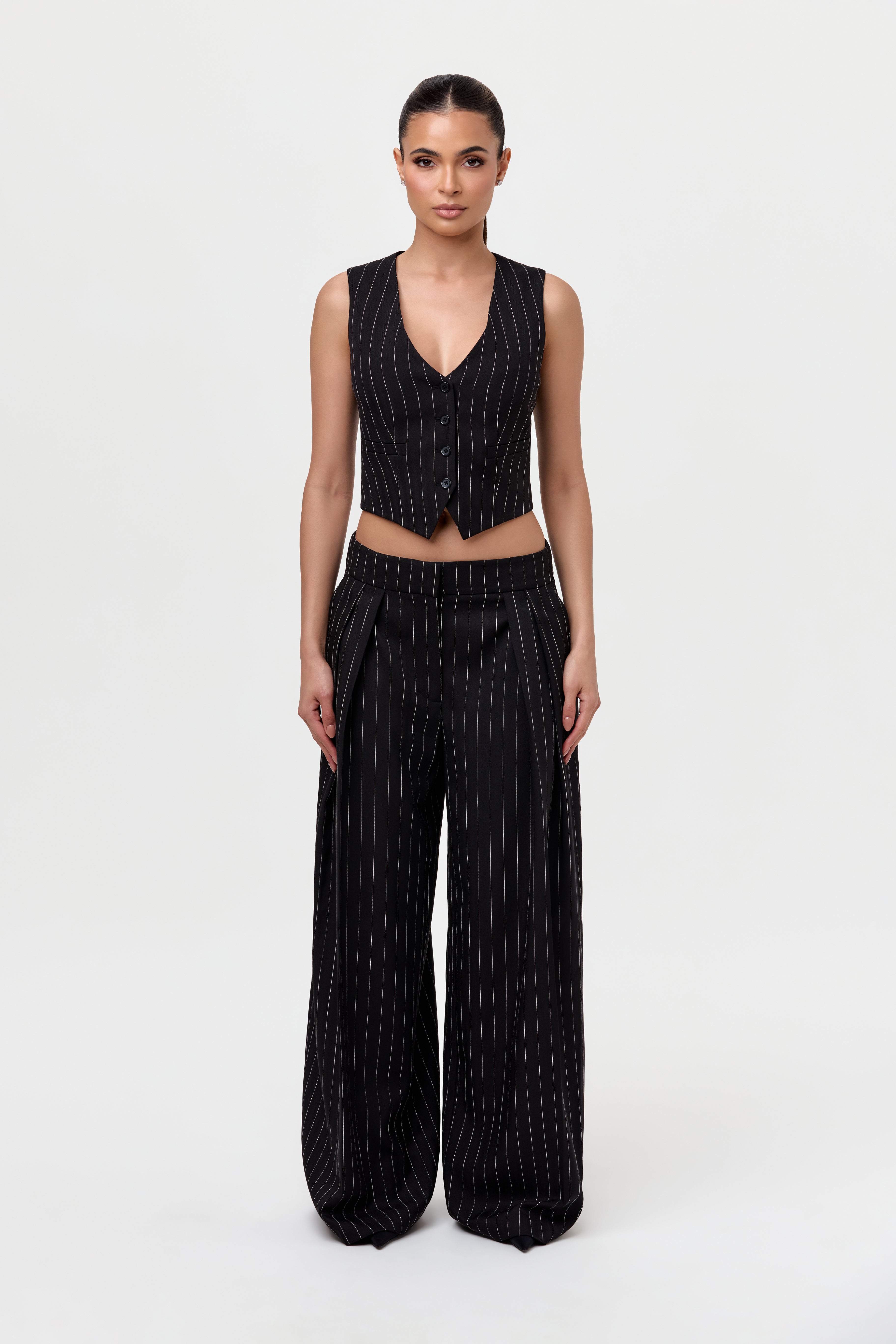 Pinstripe Suited Wide-Leg Pant