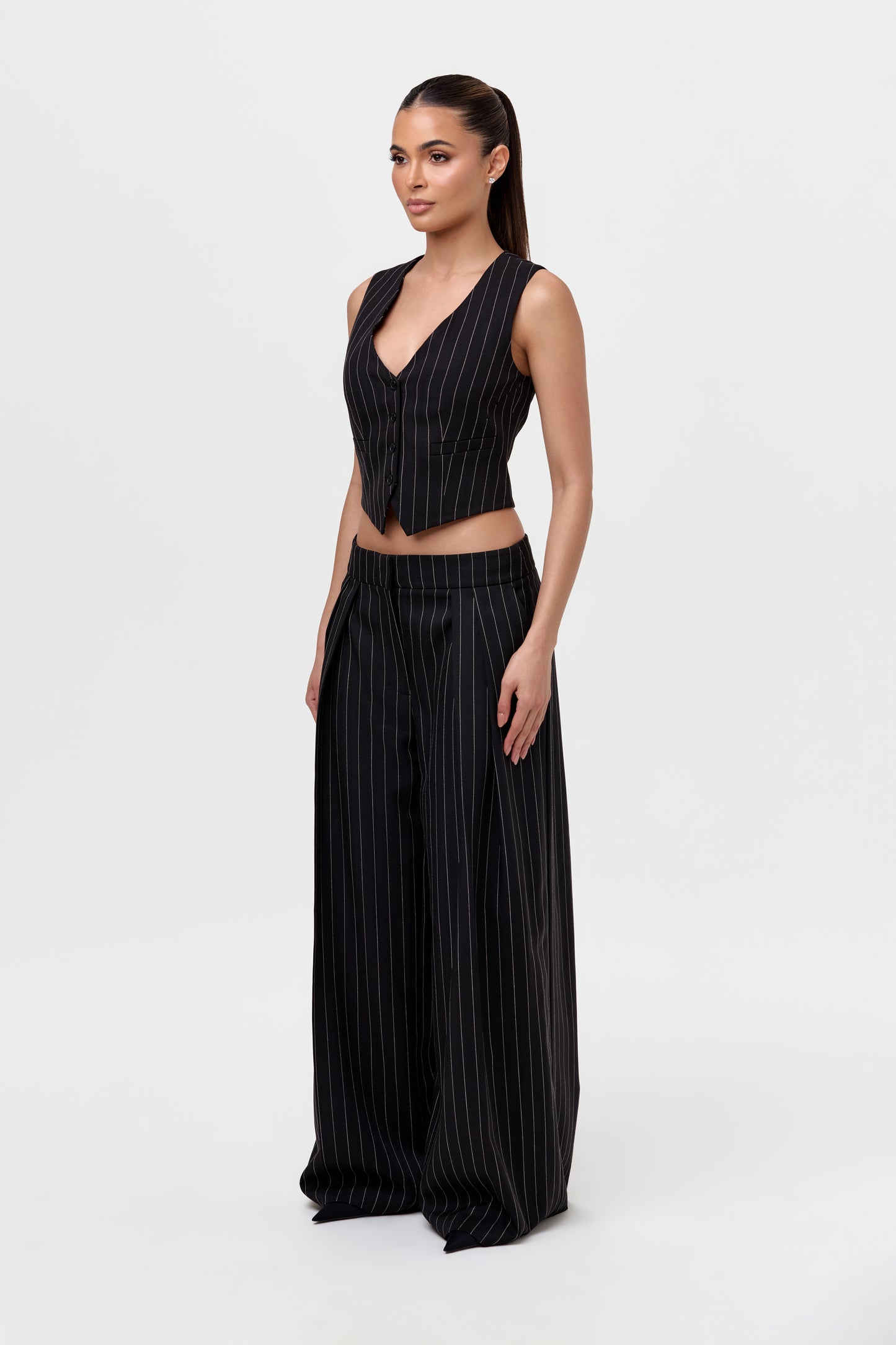 Pinstripe Suited Wide-Leg Pant