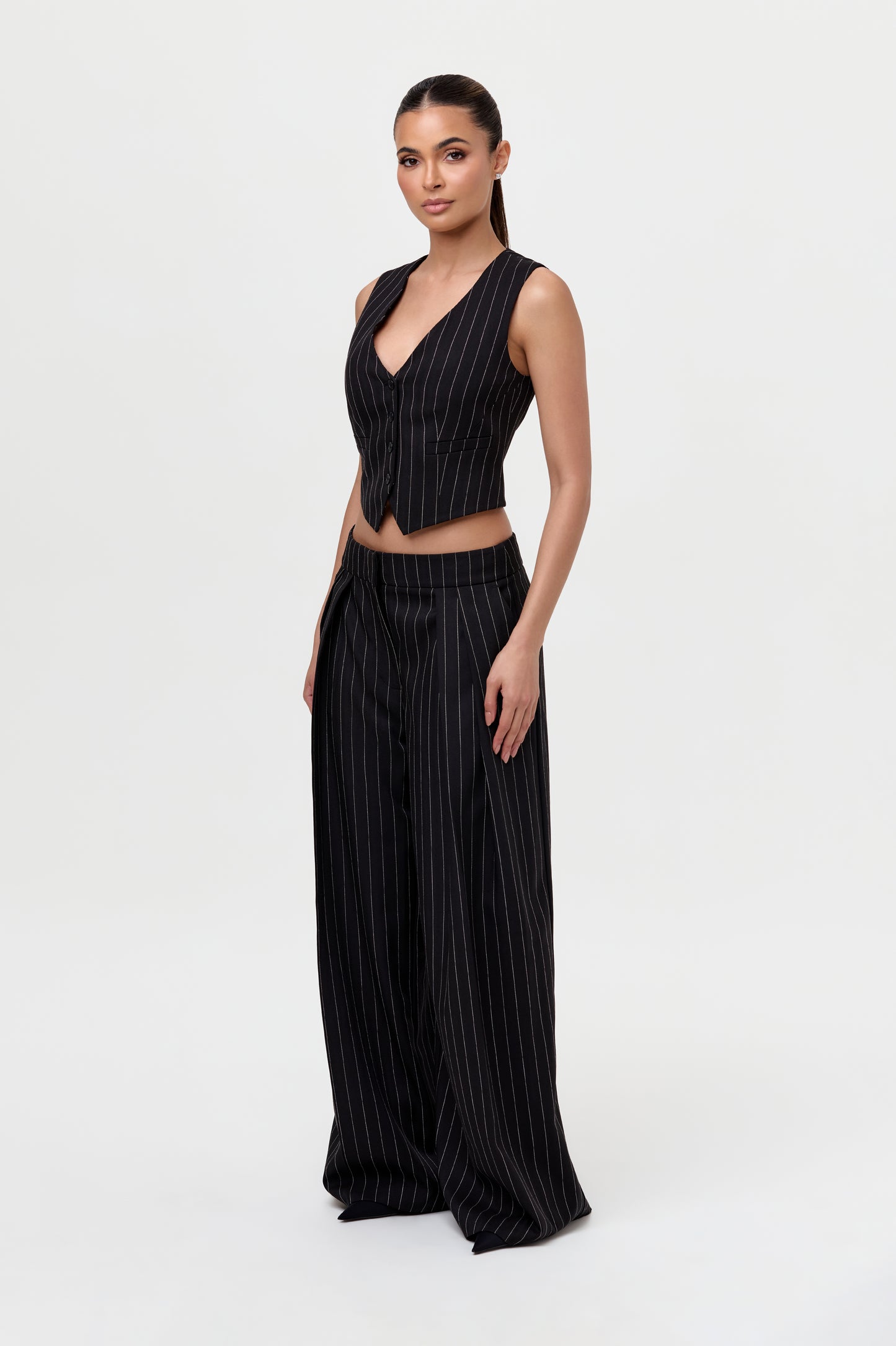 Pinstripe Suited Wide-Leg Pant