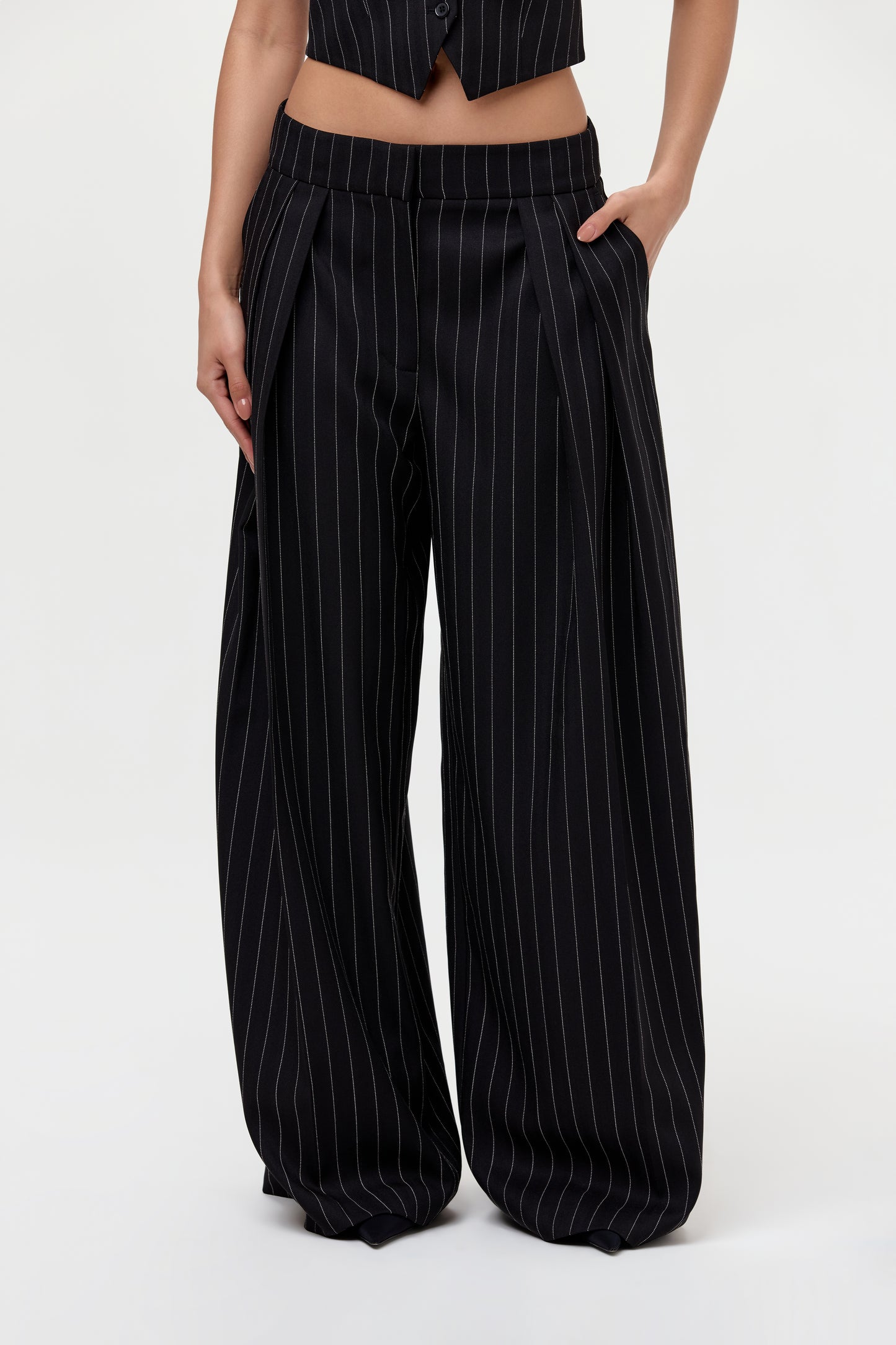 Pinstripe Suited Wide-Leg Pant