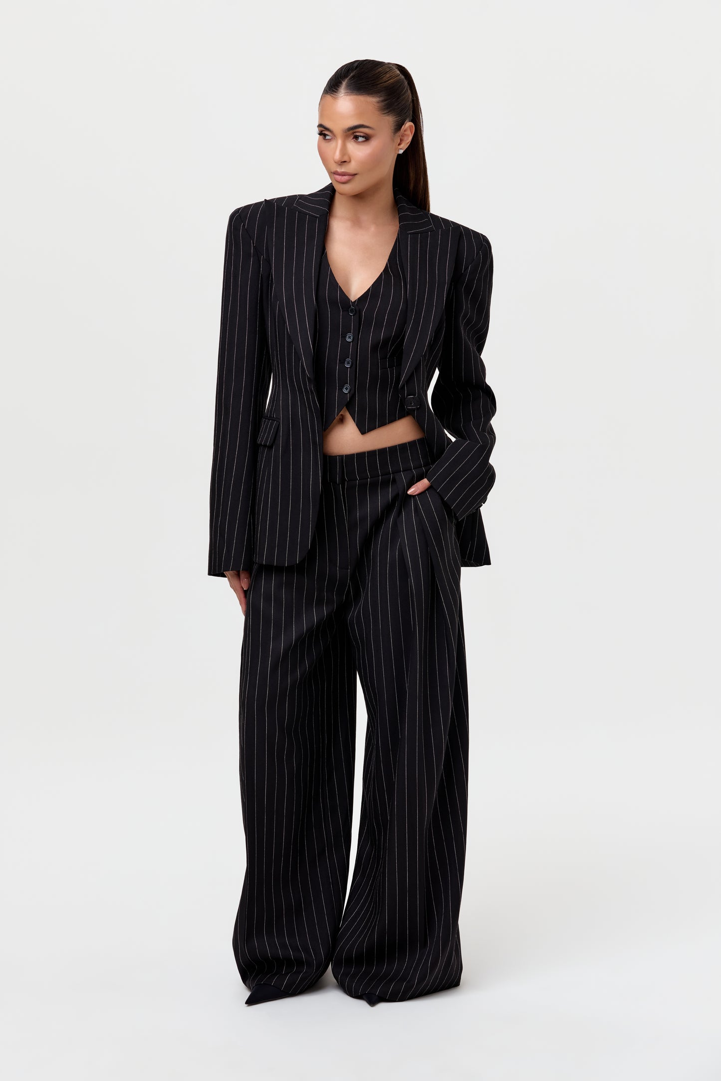 Pinstripe Suited Wide-Leg Pant