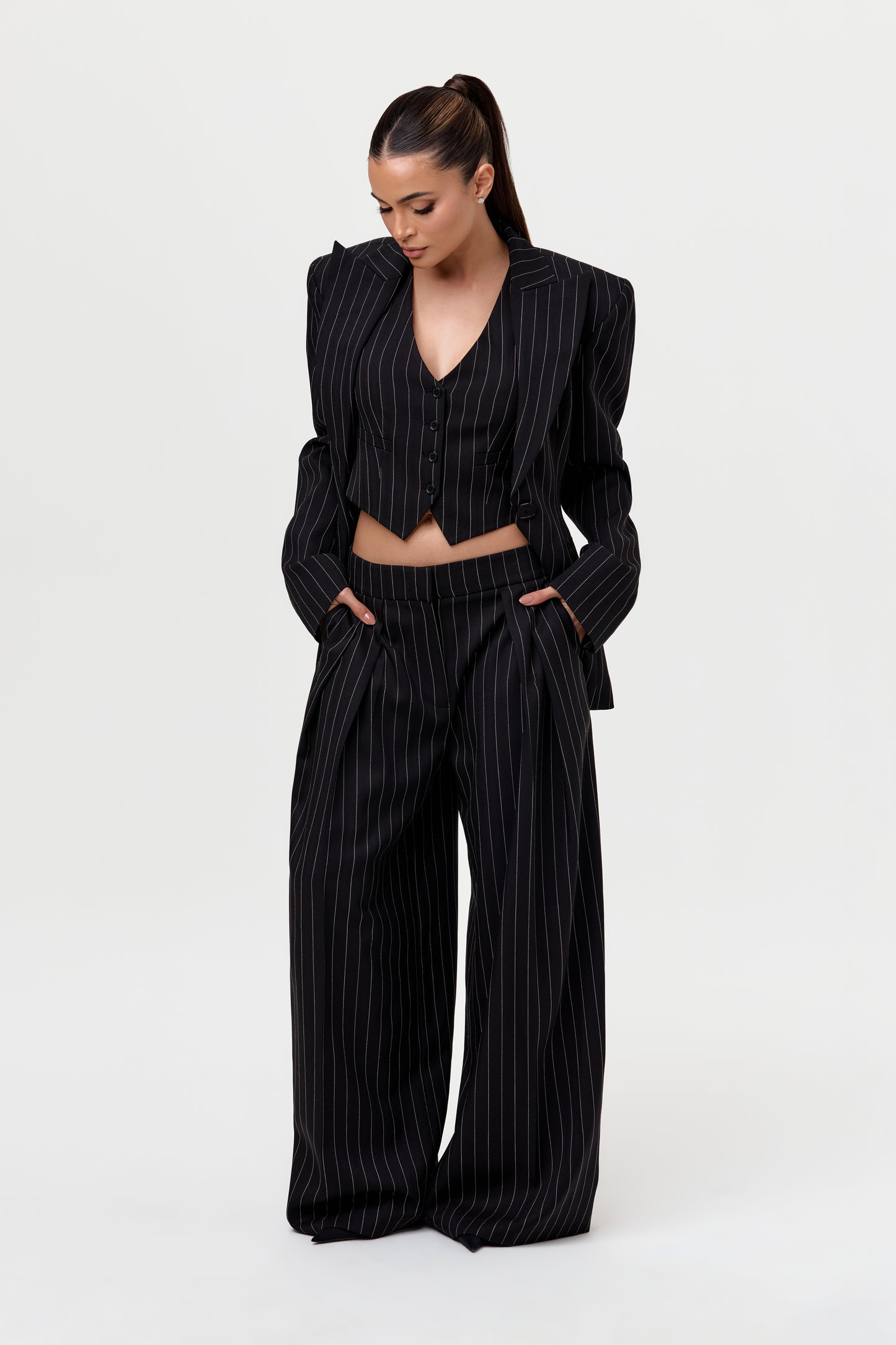 Pinstripe Suited Wide-Leg Pant