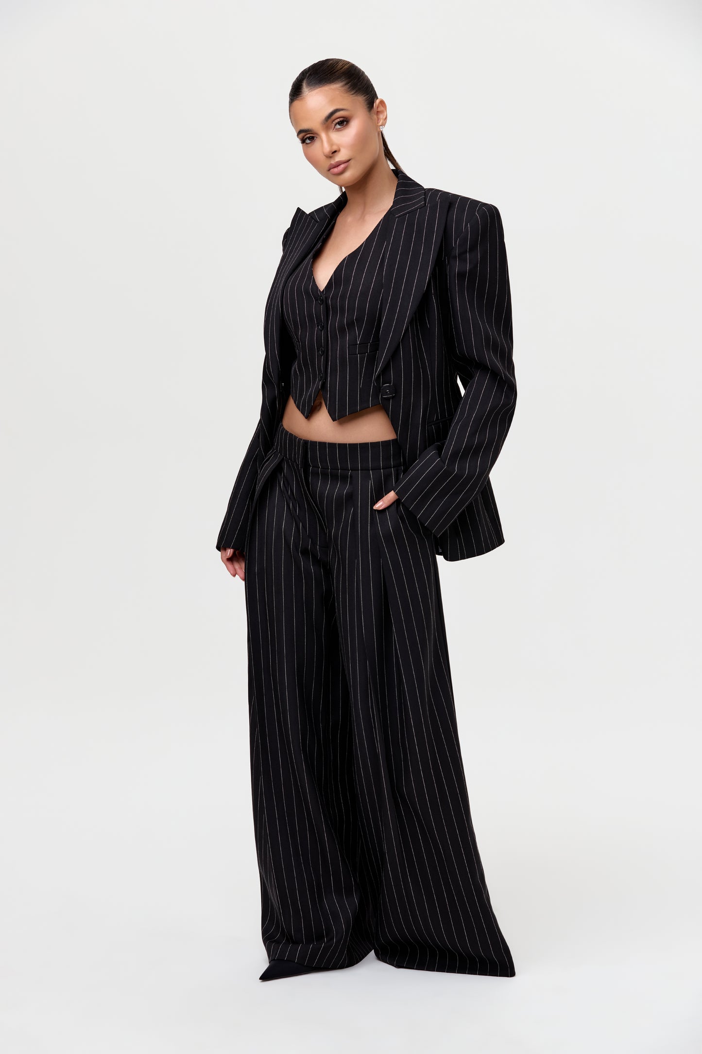 Pinstripe Suited Wide-Leg Pant