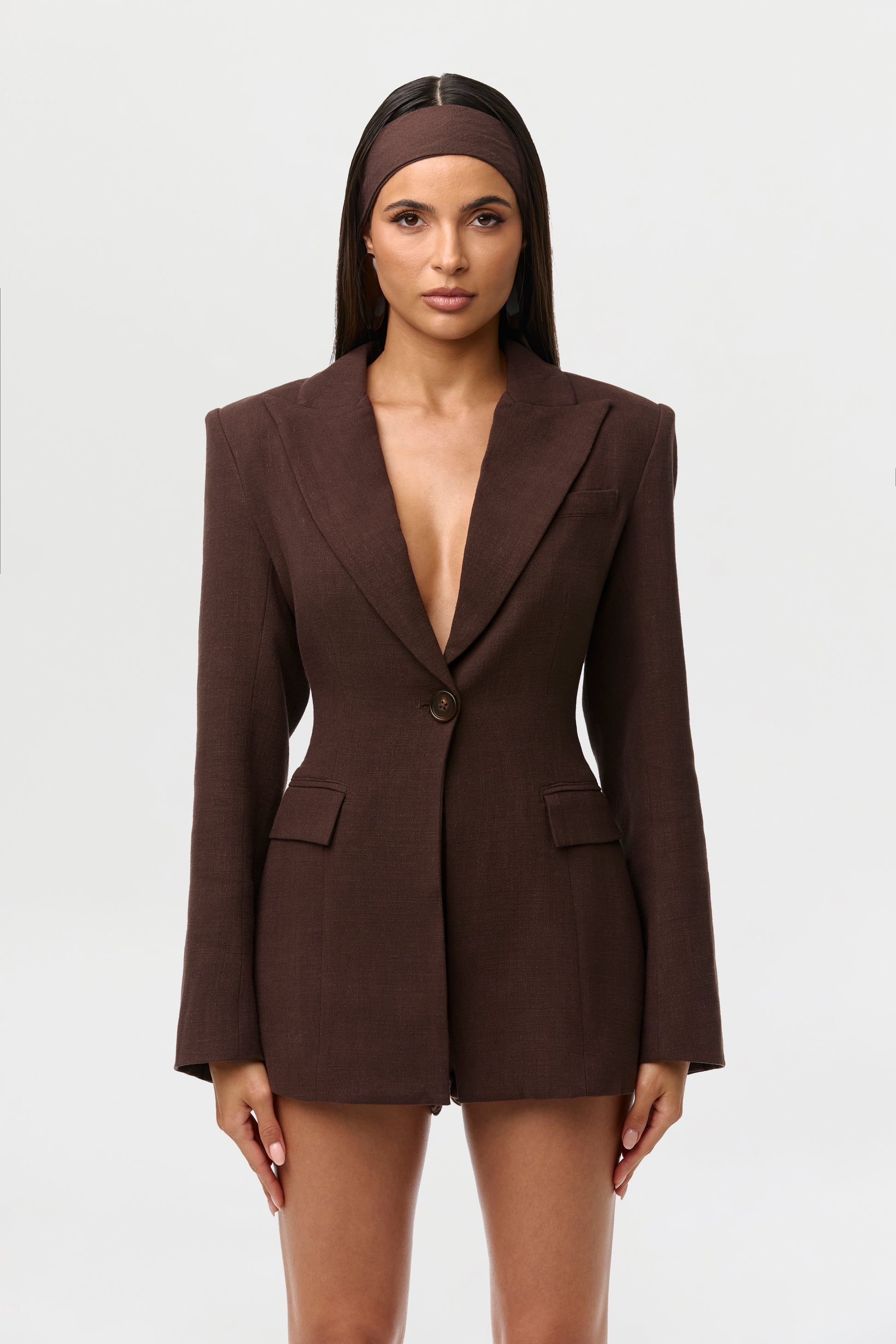 Dark Chocolate Linen Sculpt Suited Blazer